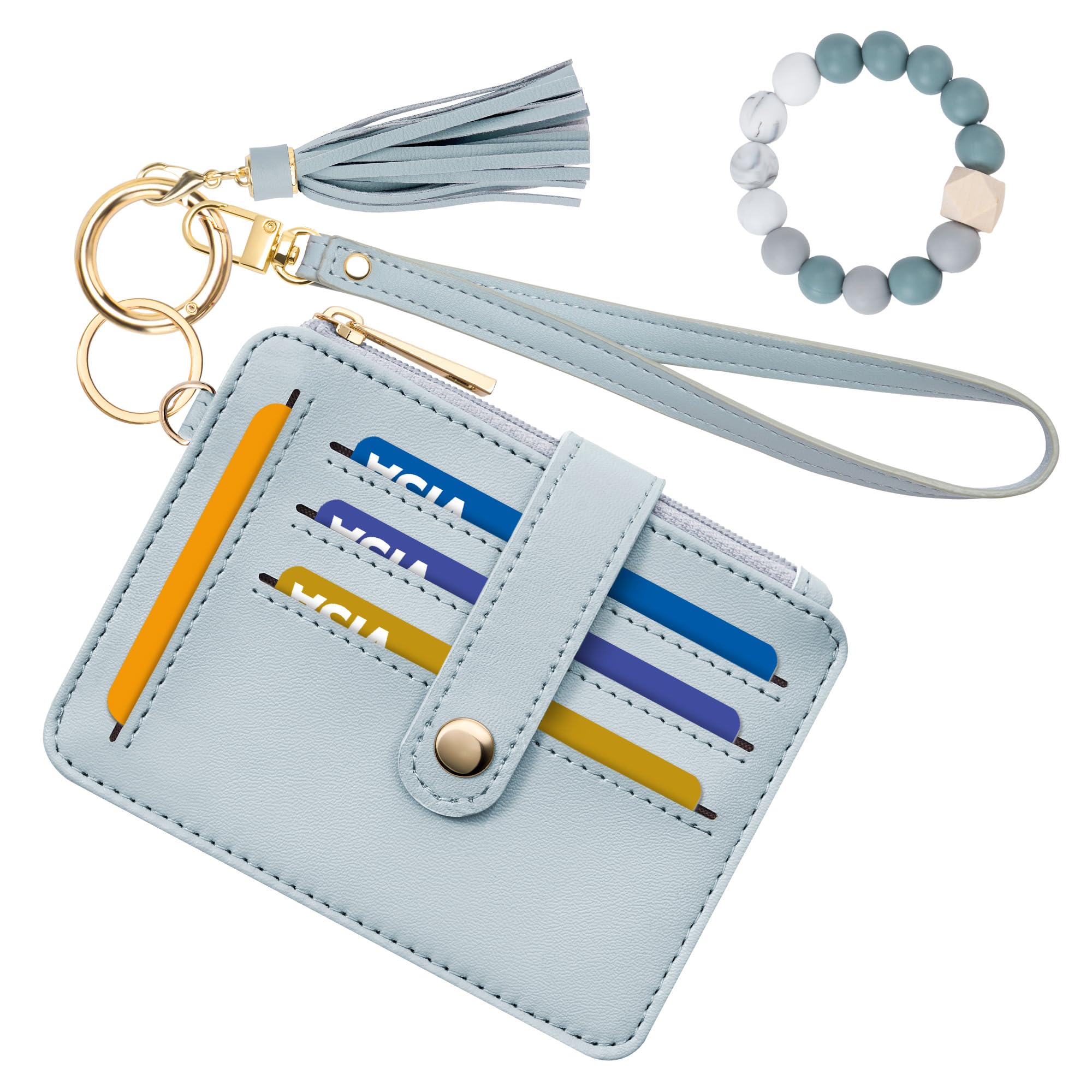 Credit Card Holder for Women, Small Keychain Wristlet Wallets | RFID Blocking Card Wallet with Silicone Beaded, Tassel, ID Window, Keyring and Zipper Coin Pocket