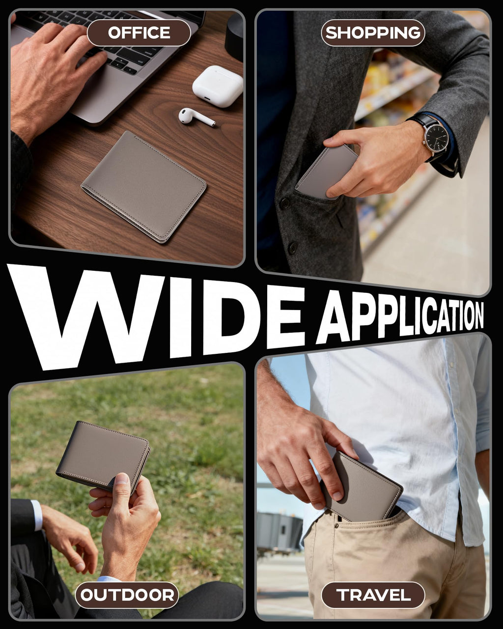 Billetera GNDR para hombre, doble pliegue, negra, con bloqueo RFID, delgada, de piel sintética, tarjetero, bolsillo frontal, accesorios minimalistas para hombre con caja de regalo