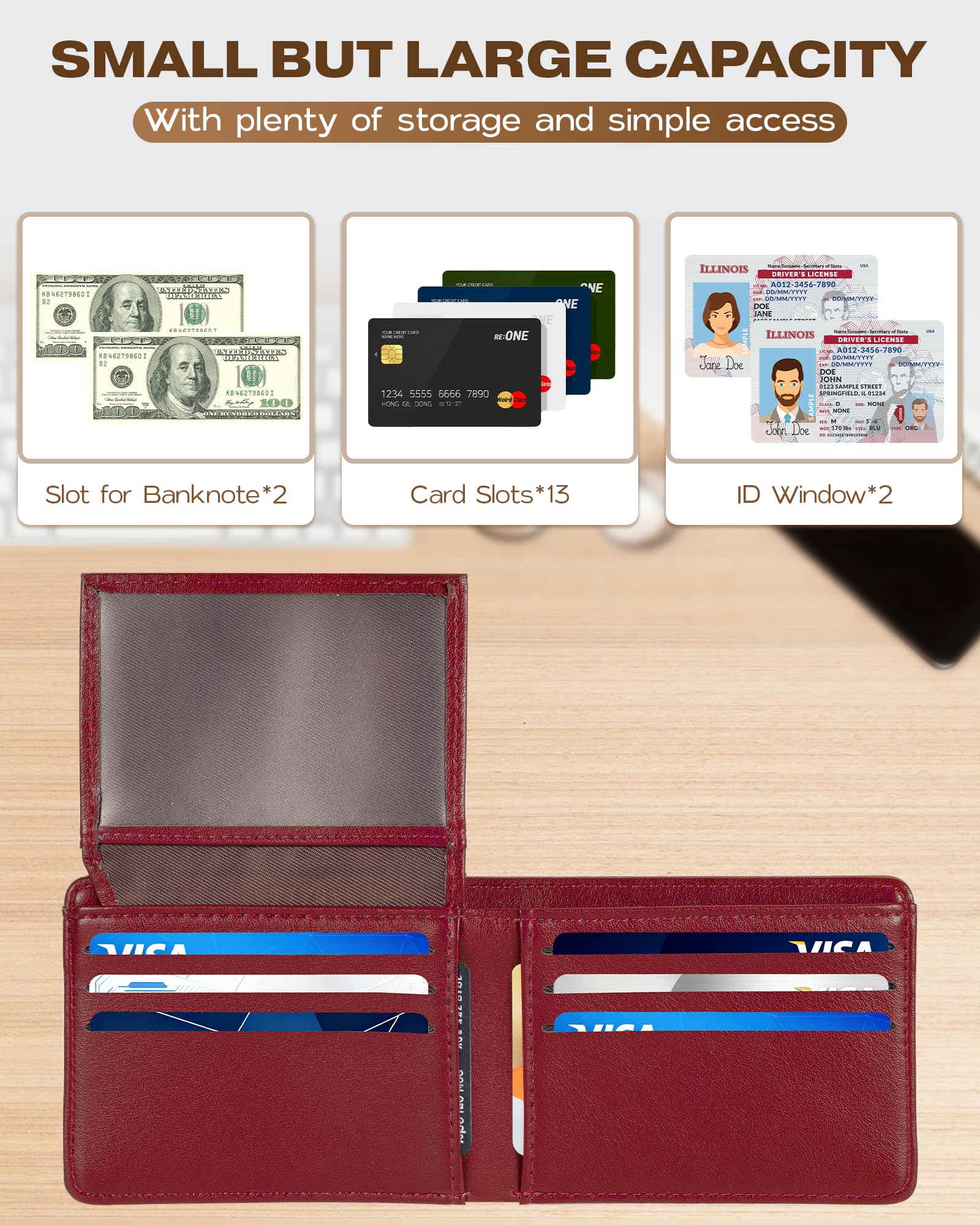 Billetera GNDR para hombre, doble pliegue, negra, con bloqueo RFID, delgada, de piel sintética, tarjetero, bolsillo frontal, accesorios minimalistas para hombre con caja de regalo