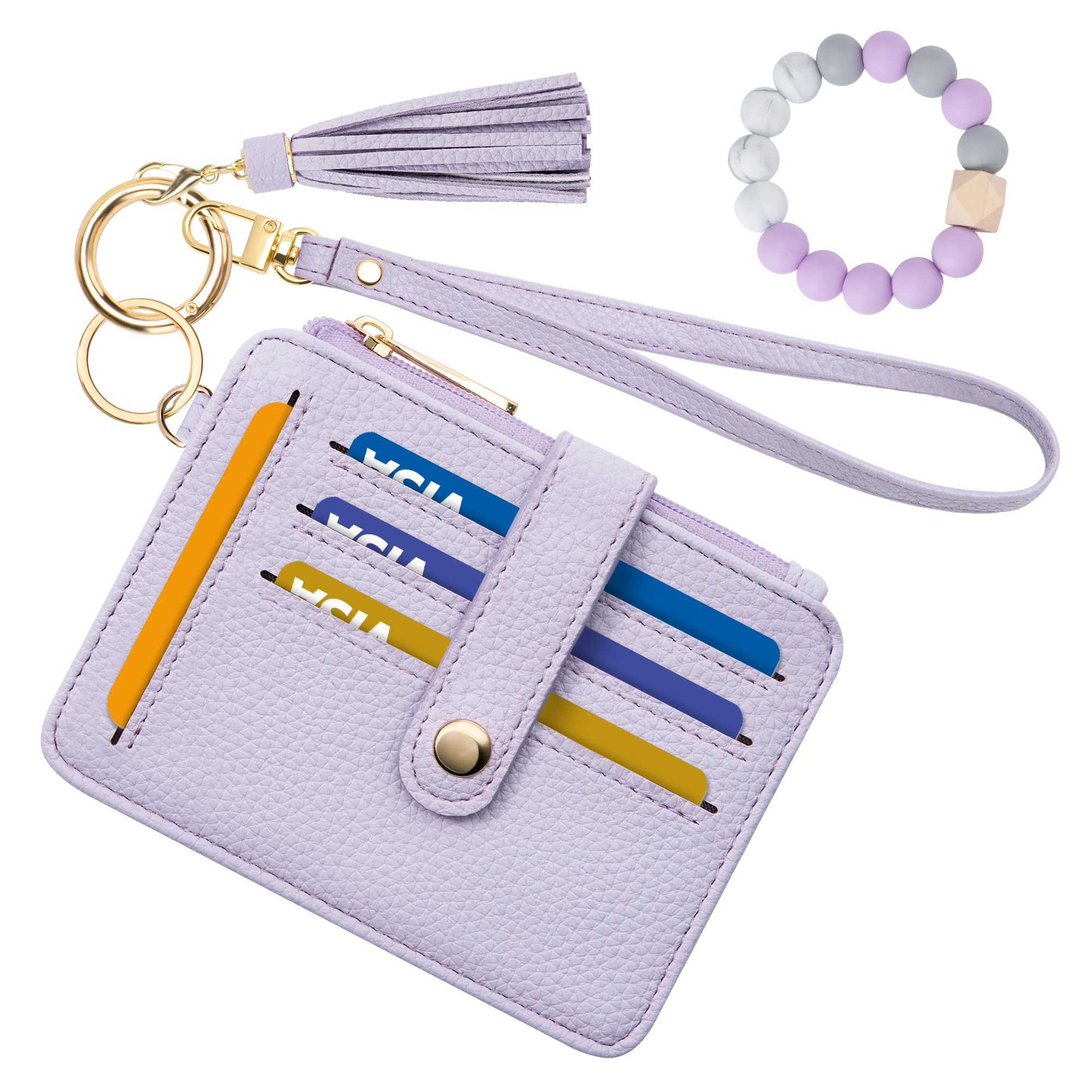Credit Card Holder for Women, Small Keychain Wristlet Wallets | RFID Blocking Card Wallet with Silicone Beaded, Tassel, ID Window, Keyring and Zipper Coin Pocket