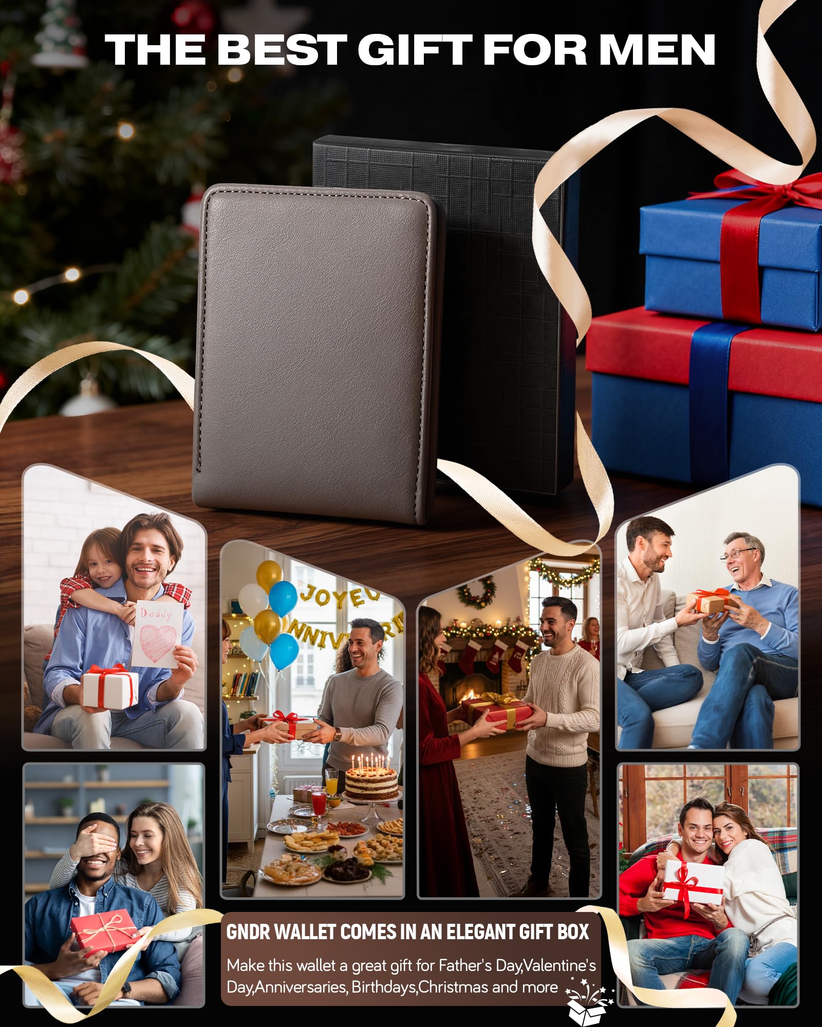 Billetera GNDR para hombre, doble pliegue, negra, con bloqueo RFID, delgada, de piel sintética, tarjetero, bolsillo frontal, accesorios minimalistas para hombre con caja de regalo