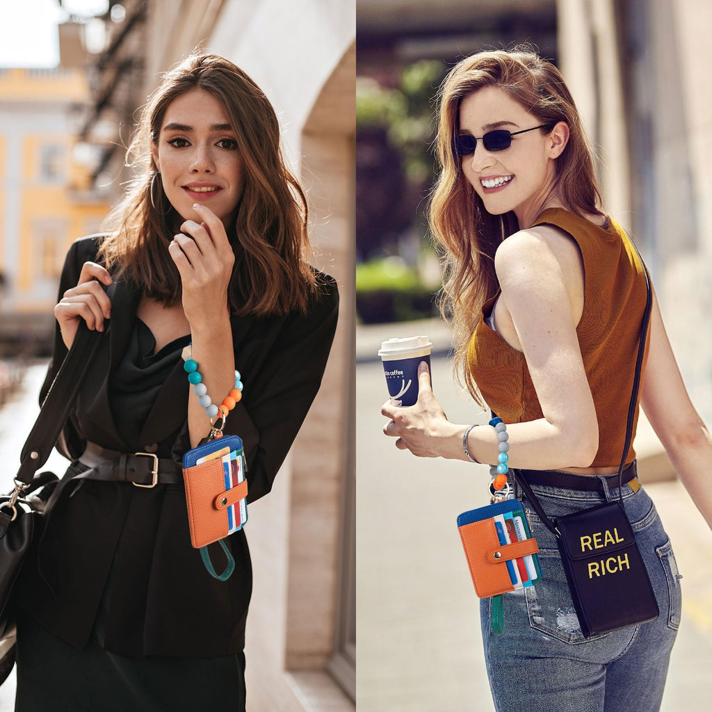 Credit Card Holder for Women, Small Keychain Wristlet Wallets | RFID Blocking Card Wallet with Silicone Beaded, Tassel, ID Window, Keyring and Zipper Coin Pocket