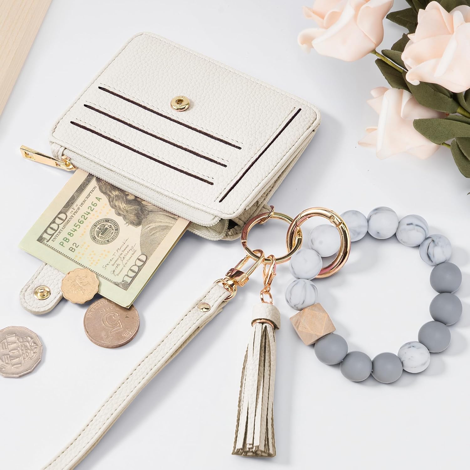 Credit Card Holder for Women, Small Keychain Wristlet Wallets | RFID Blocking Card Wallet with Silicone Beaded, Tassel, ID Window, Keyring and Zipper Coin Pocket
