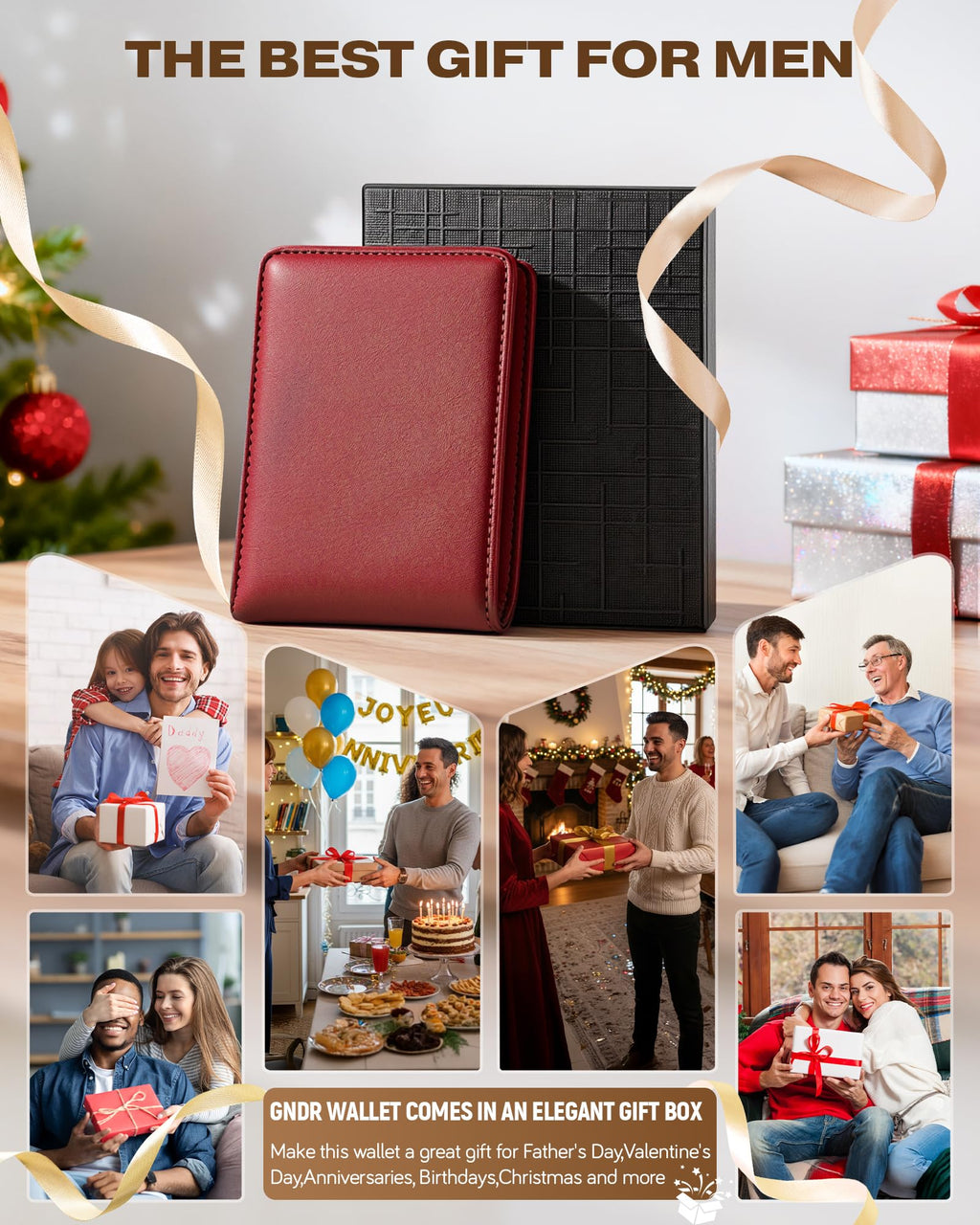 Billetera GNDR para hombre, doble pliegue, negra, con bloqueo RFID, delgada, de piel sintética, tarjetero, bolsillo frontal, accesorios minimalistas para hombre con caja de regalo
