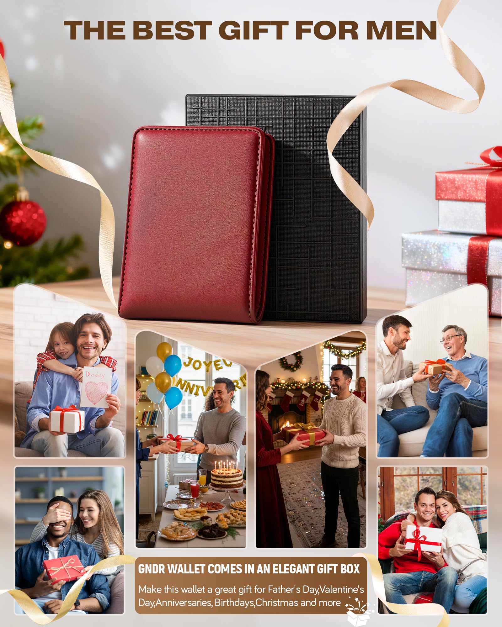 Billetera GNDR para hombre, doble pliegue, negra, con bloqueo RFID, delgada, de piel sintética, tarjetero, bolsillo frontal, accesorios minimalistas para hombre con caja de regalo