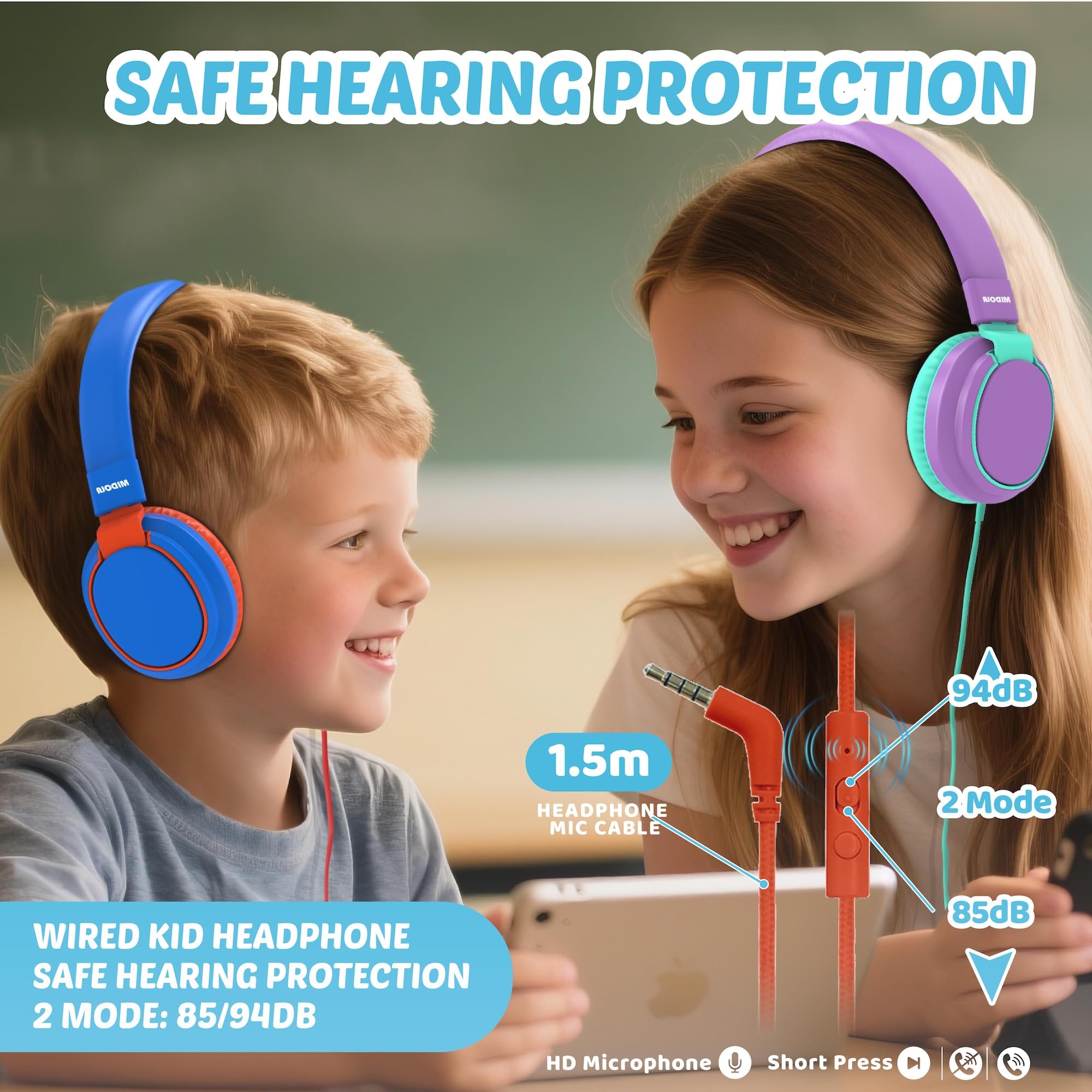 Auriculares para niños con volumen limitado a 85/94 dB - Auriculares con cable plegables para colocar sobre la oreja con micrófono, color rosa