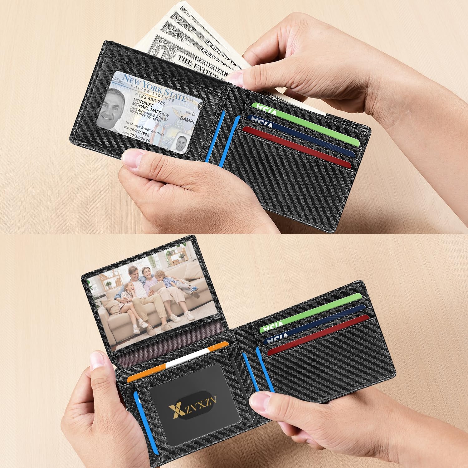 Cartera Ultrafina para Hombre, Billetera de Cuero con Bloqueo RFID, Bifold Elegante con Bolsillo Frontal Delgado Minimalista y 2 Ventanas para Identificación (Negro Carbón y Negro)