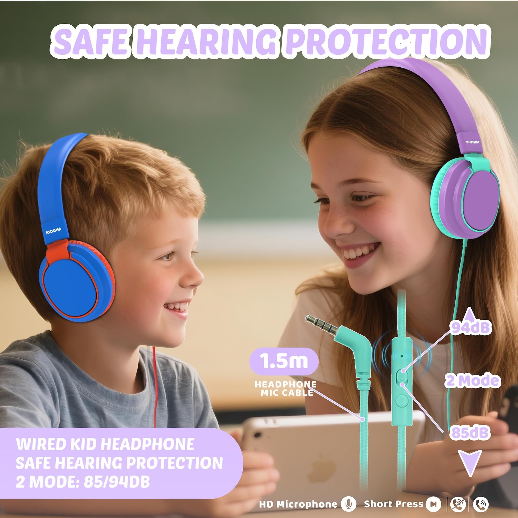 Auriculares para niños con volumen limitado a 85/94 dB - Auriculares con cable plegables para colocar sobre la oreja con micrófono, color rosa
