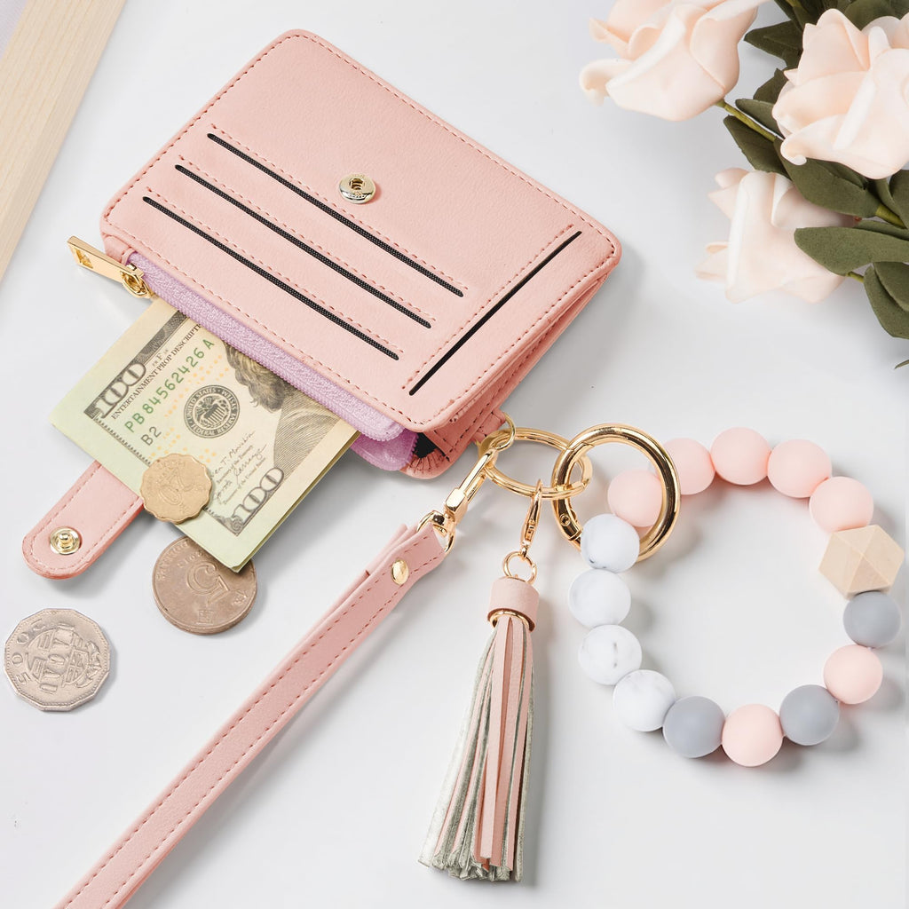 Credit Card Holder for Women, Small Keychain Wristlet Wallets | RFID Blocking Card Wallet with Silicone Beaded, Tassel, ID Window, Keyring and Zipper Coin Pocket