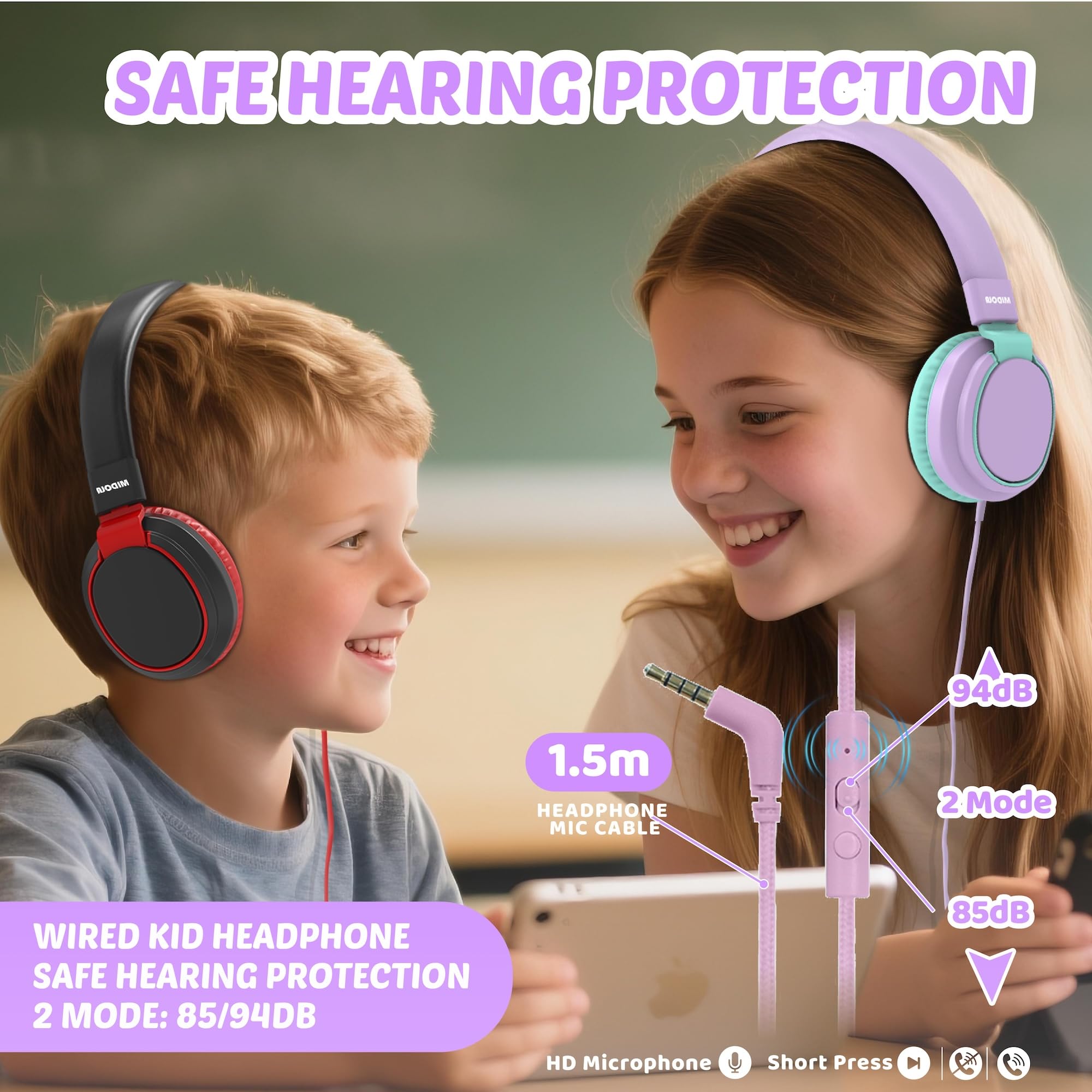 Auriculares para niños con volumen limitado a 85/94 dB - Auriculares con cable plegables para colocar sobre la oreja con micrófono, color rosa