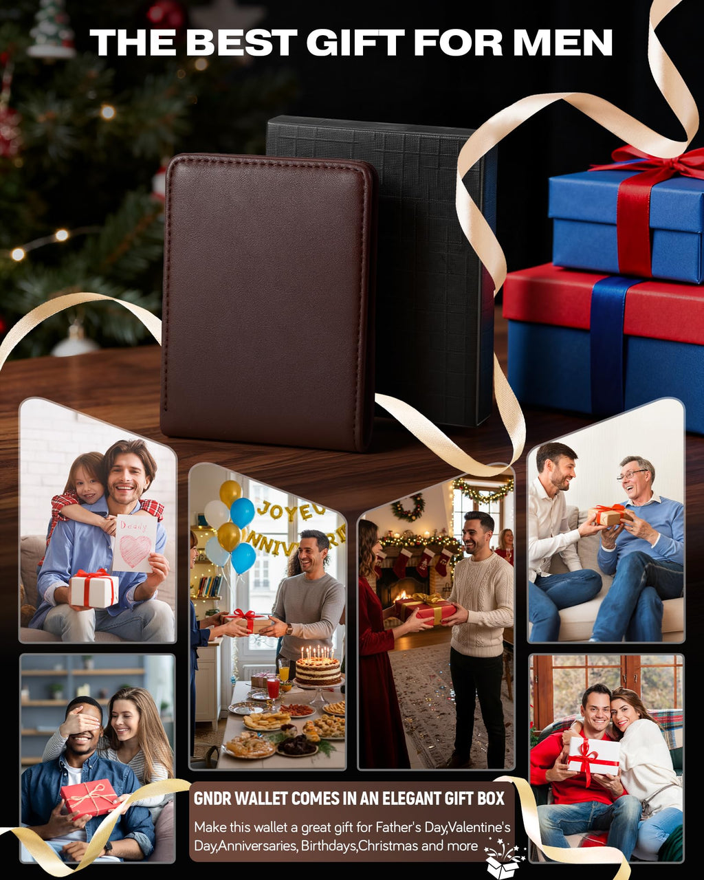 Billetera GNDR para hombre, doble pliegue, negra, con bloqueo RFID, delgada, de piel sintética, tarjetero, bolsillo frontal, accesorios minimalistas para hombre con caja de regalo