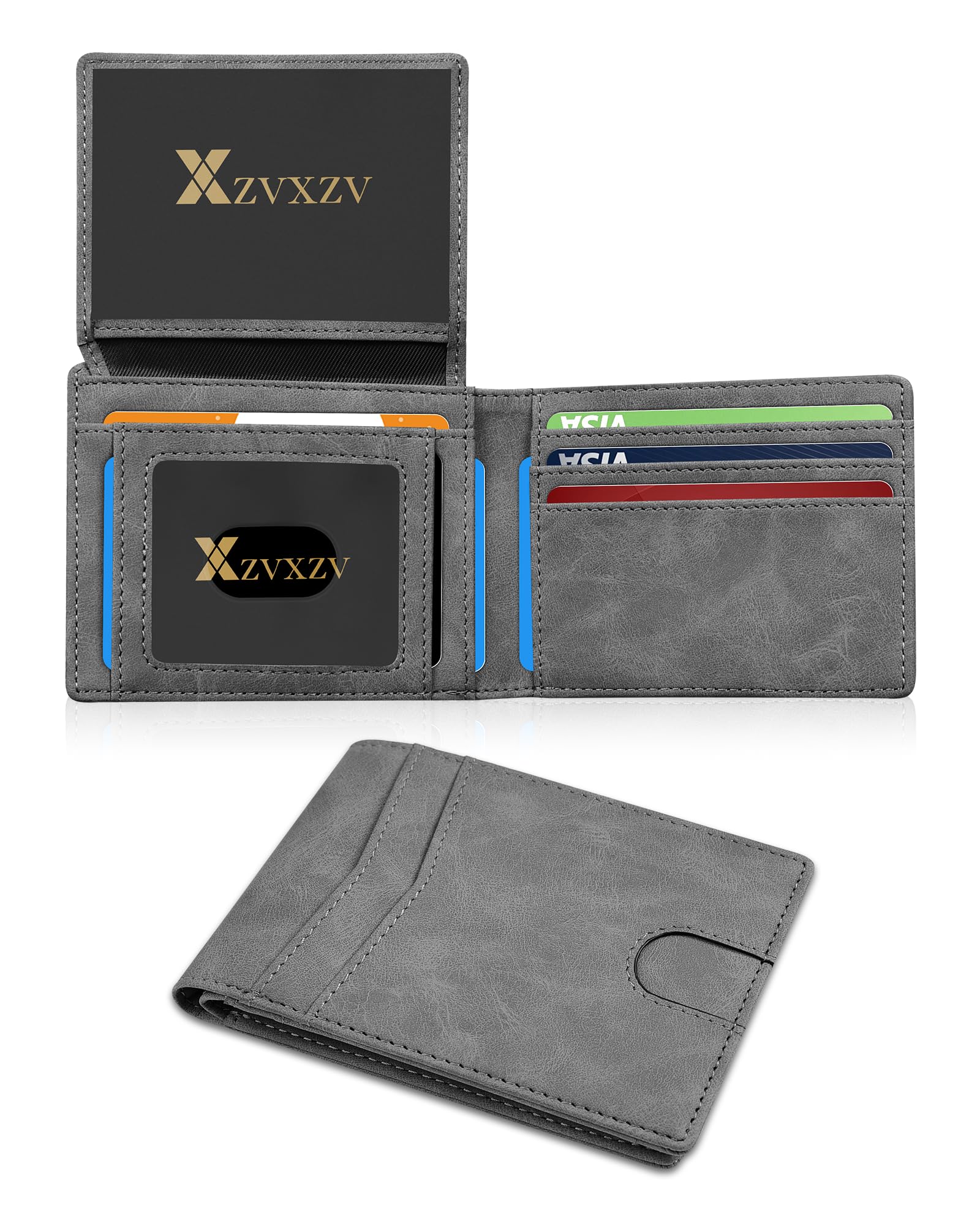 Men's Ultra Thin Wallet Leather RFID Blocking Bifold Stylish Wallet with Slim Minimalist Front Pocket 2 ID Windows (Carbon Black&Black)