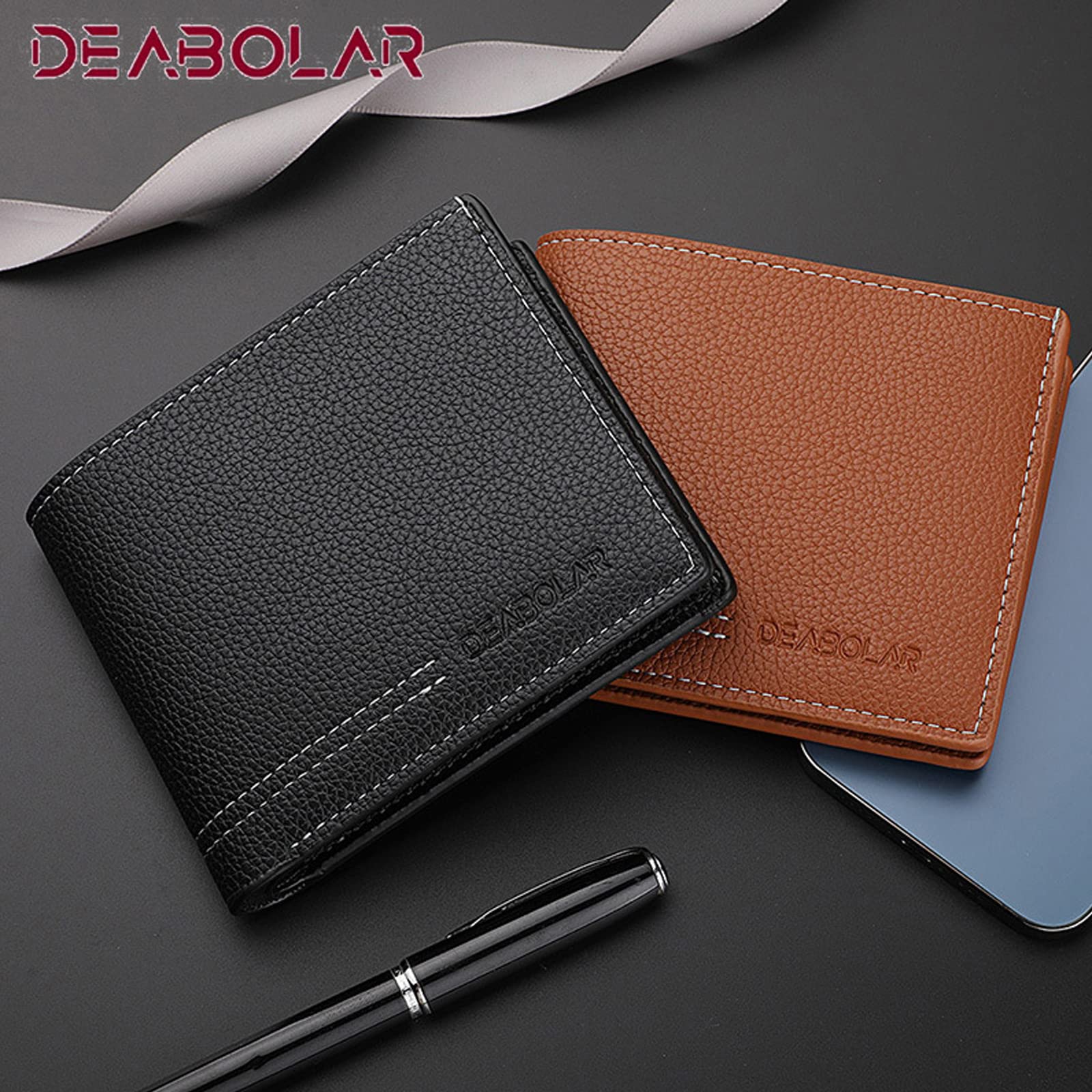 Men Wallet Black PU Material 4 Card Holder 2 Money Pockets 1 Clear Window Suitable for Gifts without RFID Slim Small for Traveling
