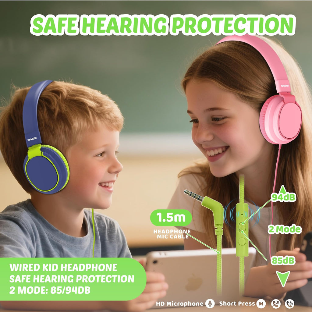 Auriculares para niños con volumen limitado a 85/94 dB - Auriculares con cable plegables para colocar sobre la oreja con micrófono, color rosa
