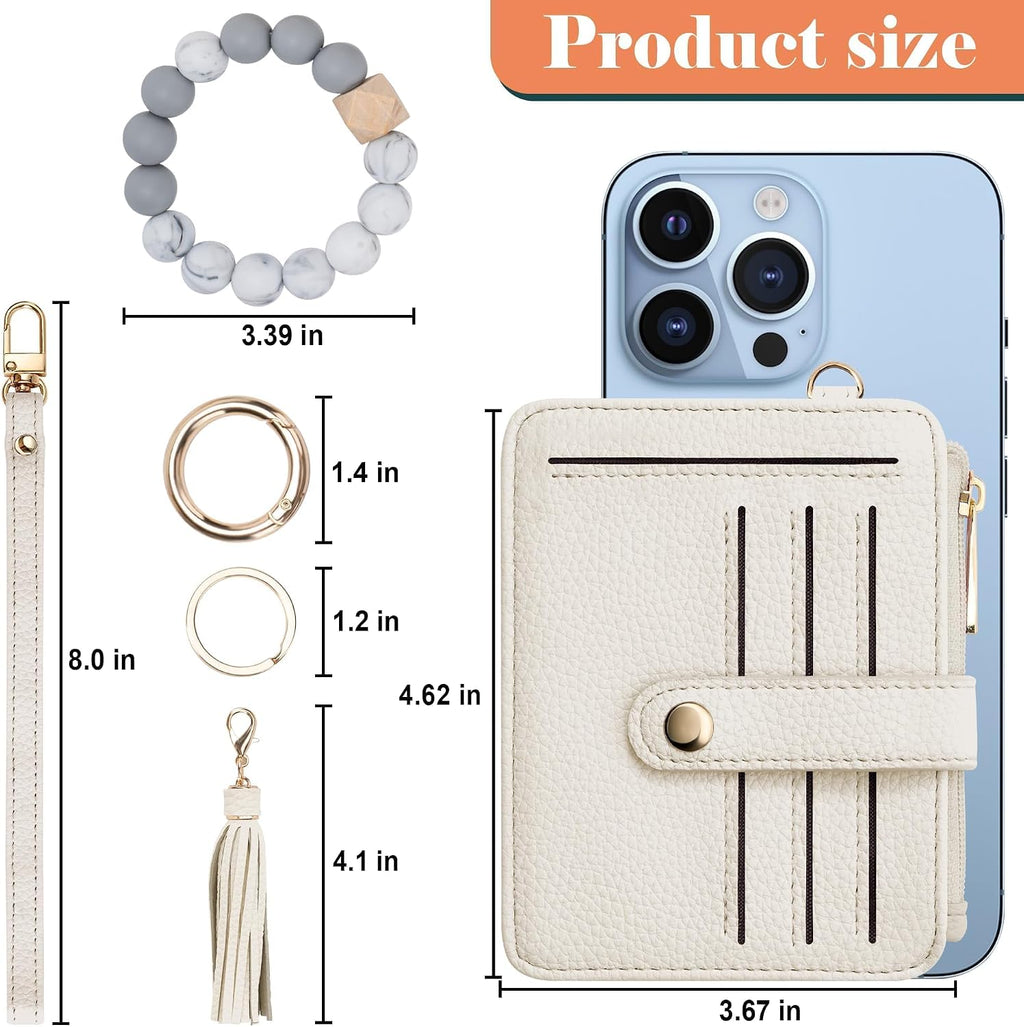 Credit Card Holder for Women, Small Keychain Wristlet Wallets | RFID Blocking Card Wallet with Silicone Beaded, Tassel, ID Window, Keyring and Zipper Coin Pocket