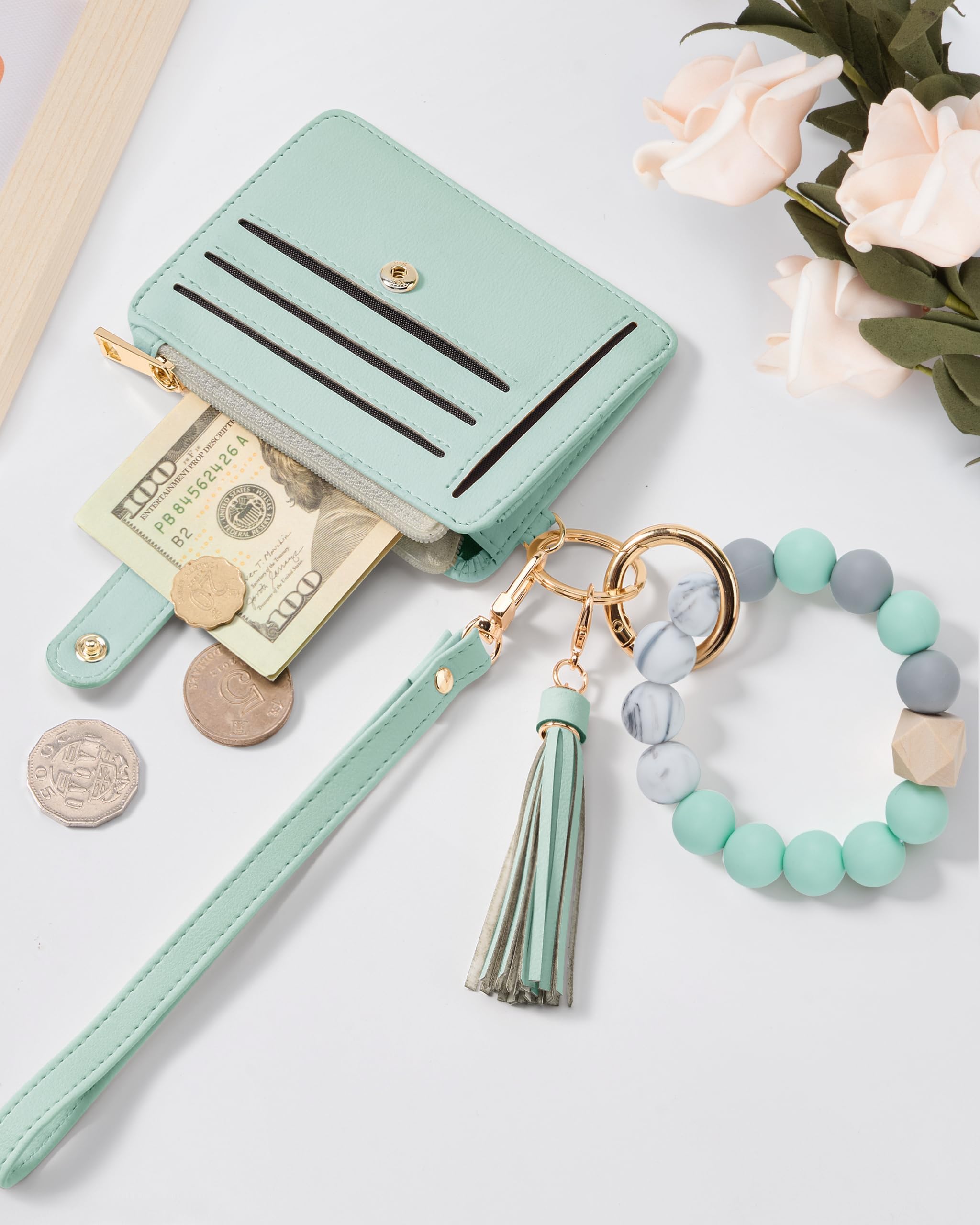 Credit Card Holder for Women, Small Keychain Wristlet Wallets | RFID Blocking Card Wallet with Silicone Beaded, Tassel, ID Window, Keyring and Zipper Coin Pocket