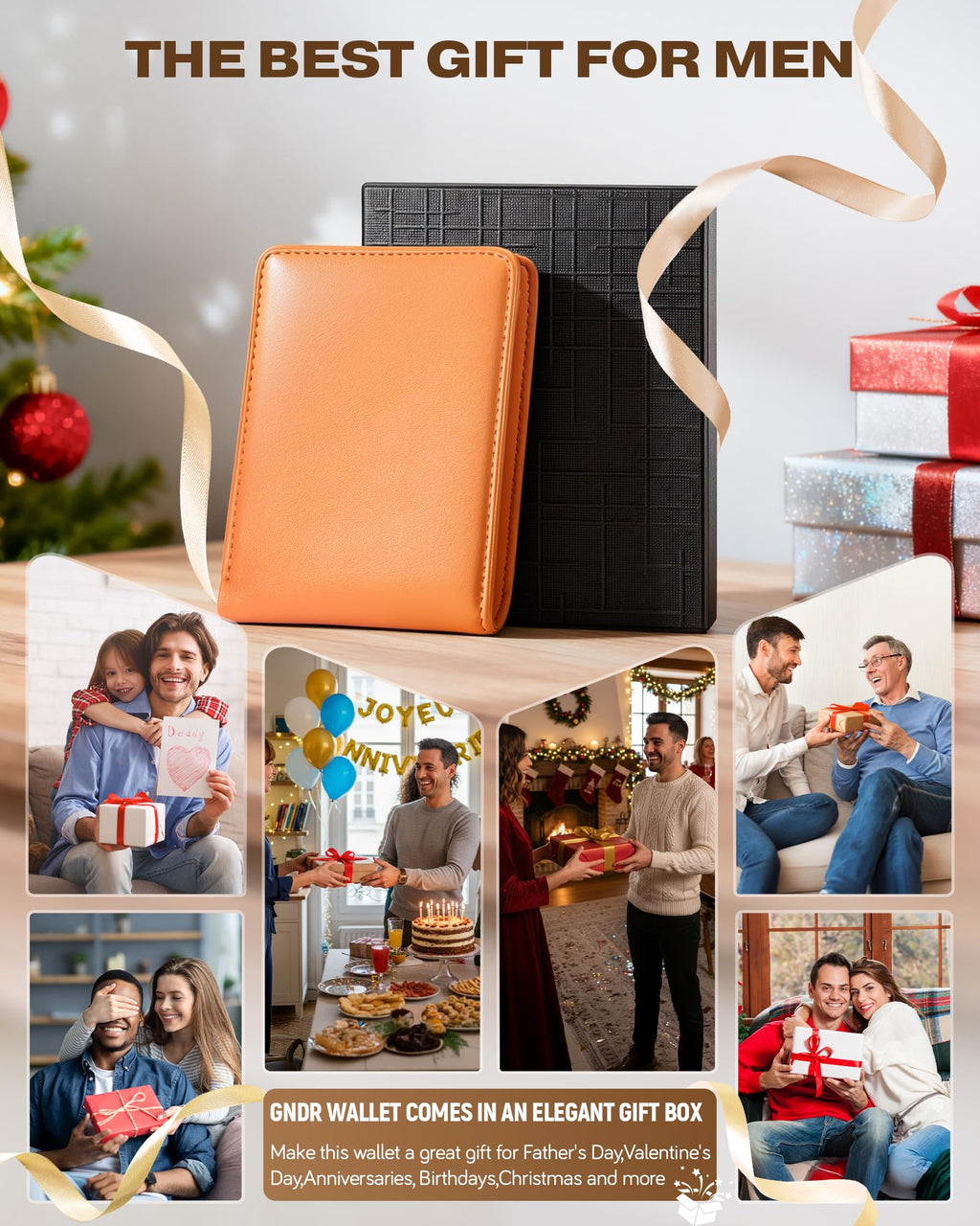 Billetera GNDR para hombre, doble pliegue, negra, con bloqueo RFID, delgada, de piel sintética, tarjetero, bolsillo frontal, accesorios minimalistas para hombre con caja de regalo