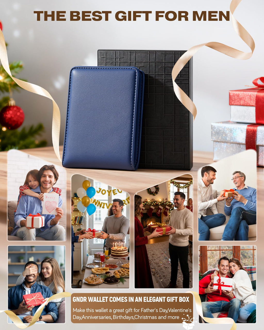 Billetera GNDR para hombre, doble pliegue, negra, con bloqueo RFID, delgada, de piel sintética, tarjetero, bolsillo frontal, accesorios minimalistas para hombre con caja de regalo