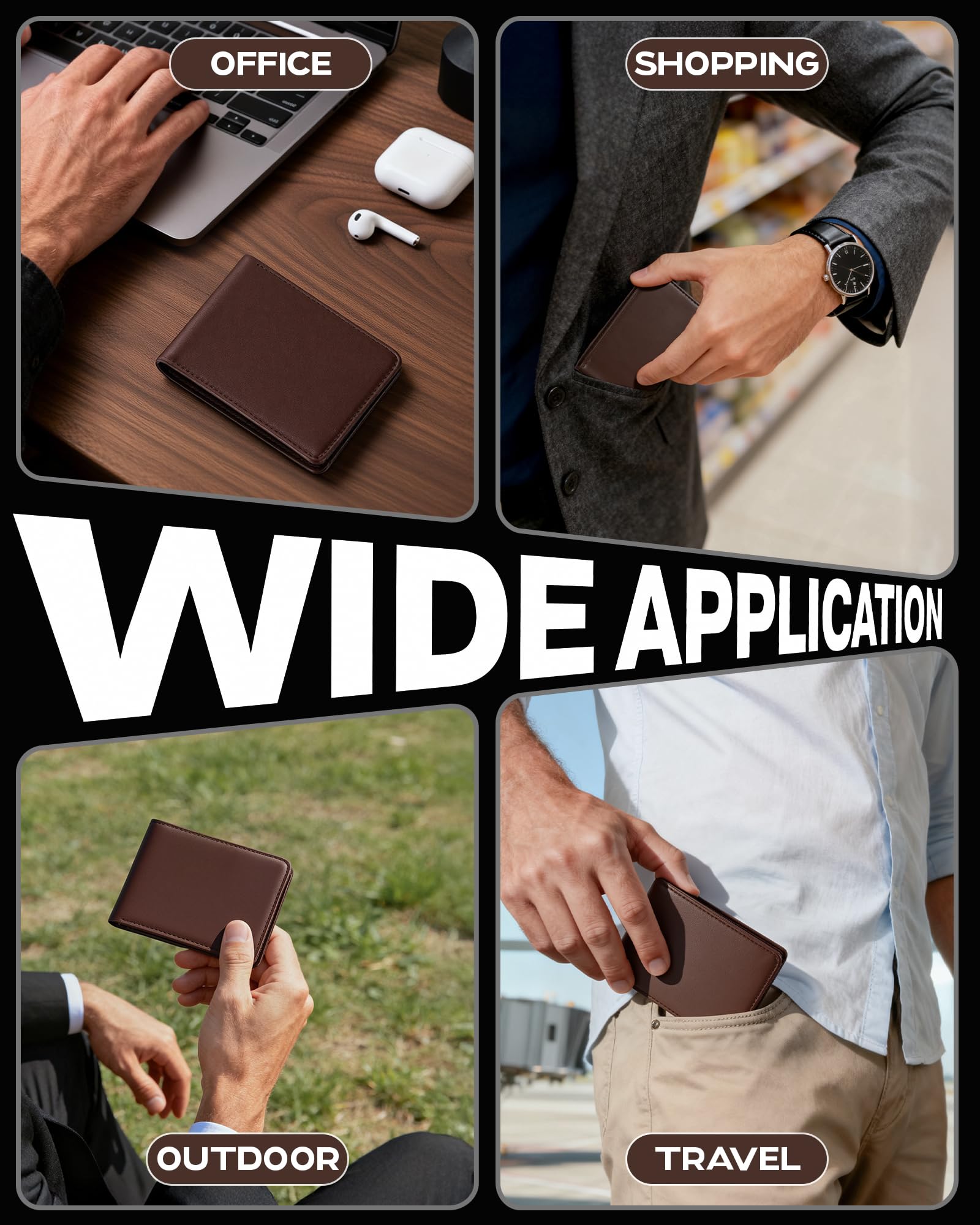 Billetera GNDR para hombre, doble pliegue, negra, con bloqueo RFID, delgada, de piel sintética, tarjetero, bolsillo frontal, accesorios minimalistas para hombre con caja de regalo