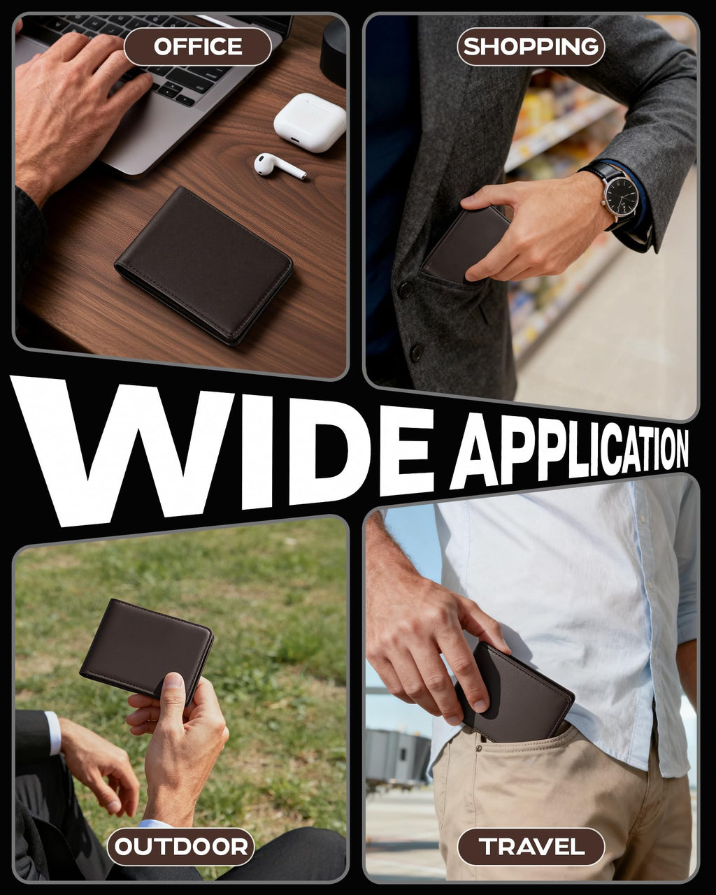 Billetera GNDR para hombre, doble pliegue, negra, con bloqueo RFID, delgada, de piel sintética, tarjetero, bolsillo frontal, accesorios minimalistas para hombre con caja de regalo