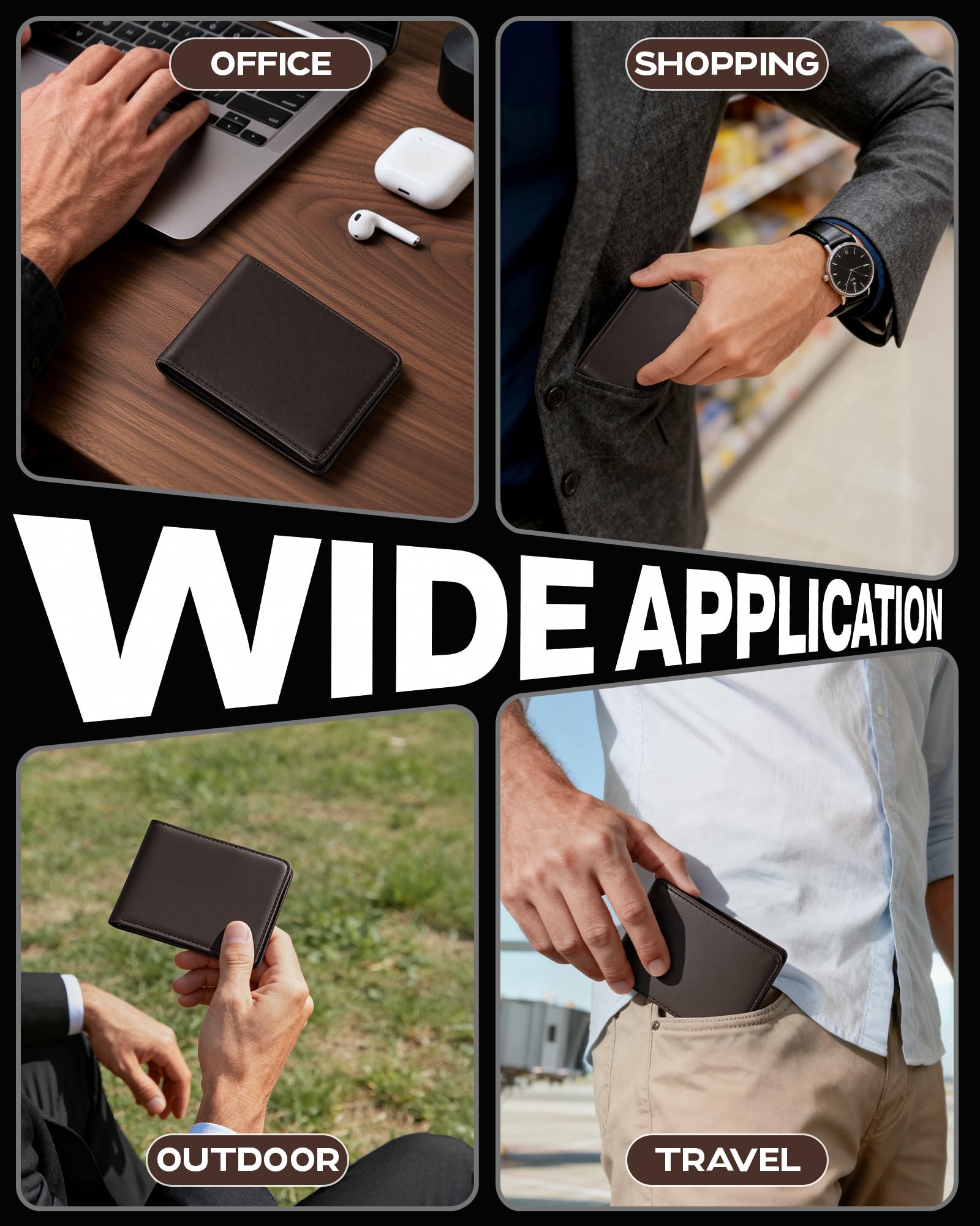 Billetera GNDR para hombre, doble pliegue, negra, con bloqueo RFID, delgada, de piel sintética, tarjetero, bolsillo frontal, accesorios minimalistas para hombre con caja de regalo