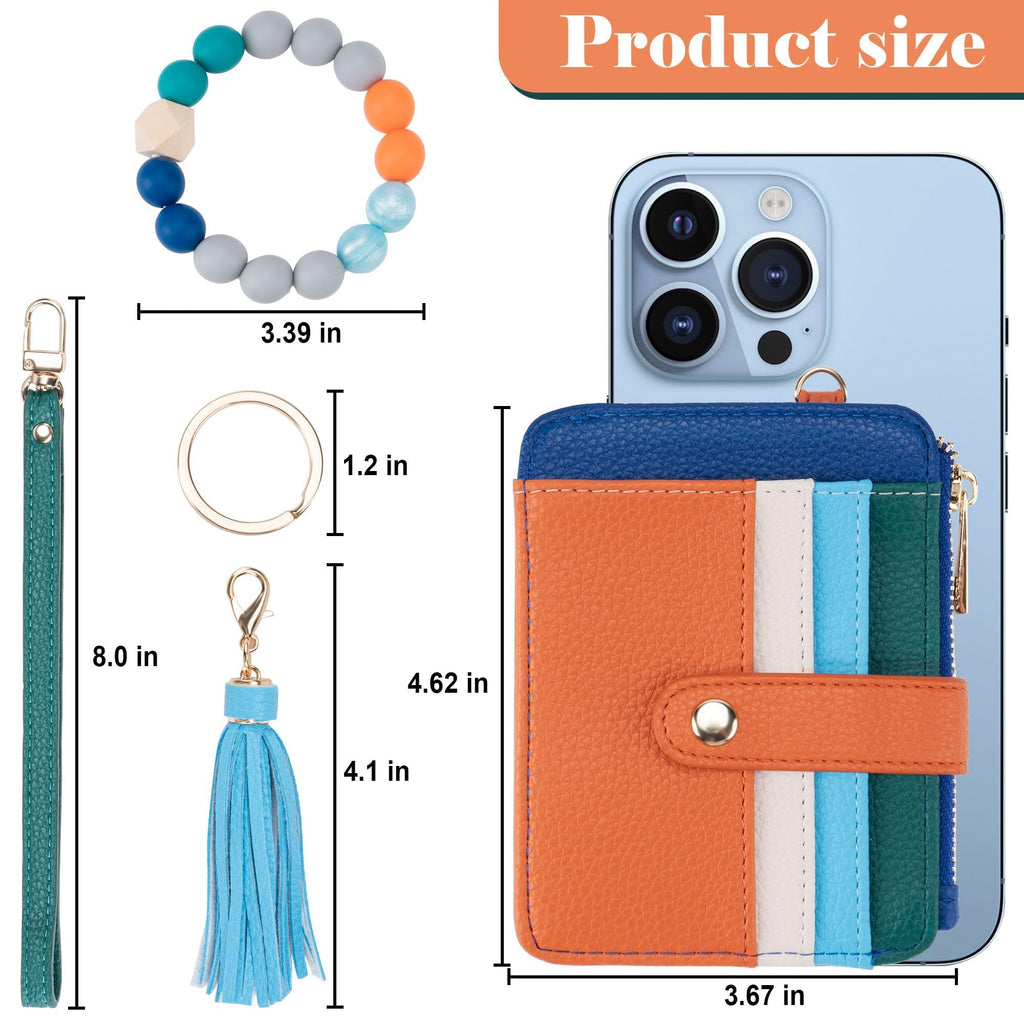 Credit Card Holder for Women, Small Keychain Wristlet Wallets | RFID Blocking Card Wallet with Silicone Beaded, Tassel, ID Window, Keyring and Zipper Coin Pocket