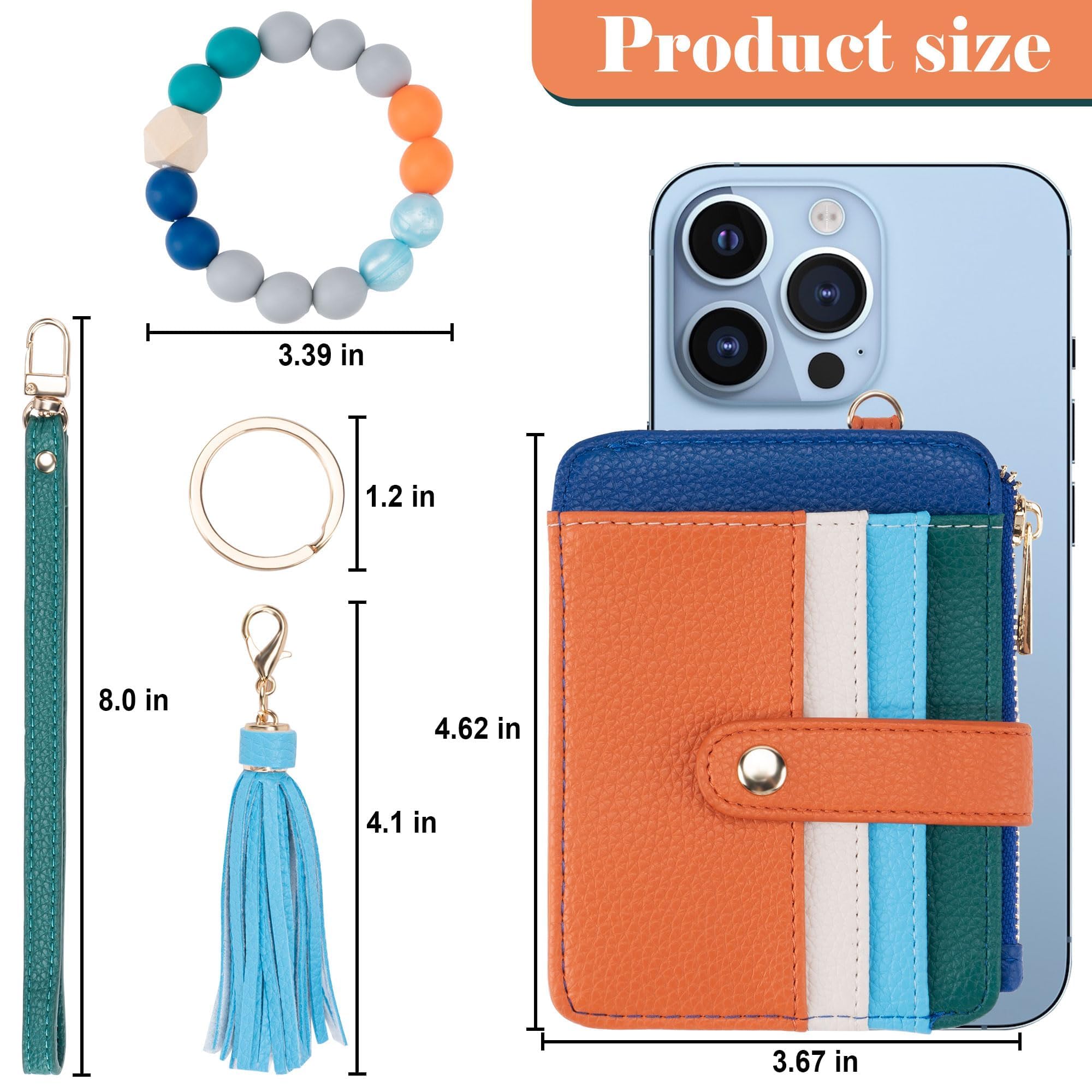 Credit Card Holder for Women, Small Keychain Wristlet Wallets | RFID Blocking Card Wallet with Silicone Beaded, Tassel, ID Window, Keyring and Zipper Coin Pocket
