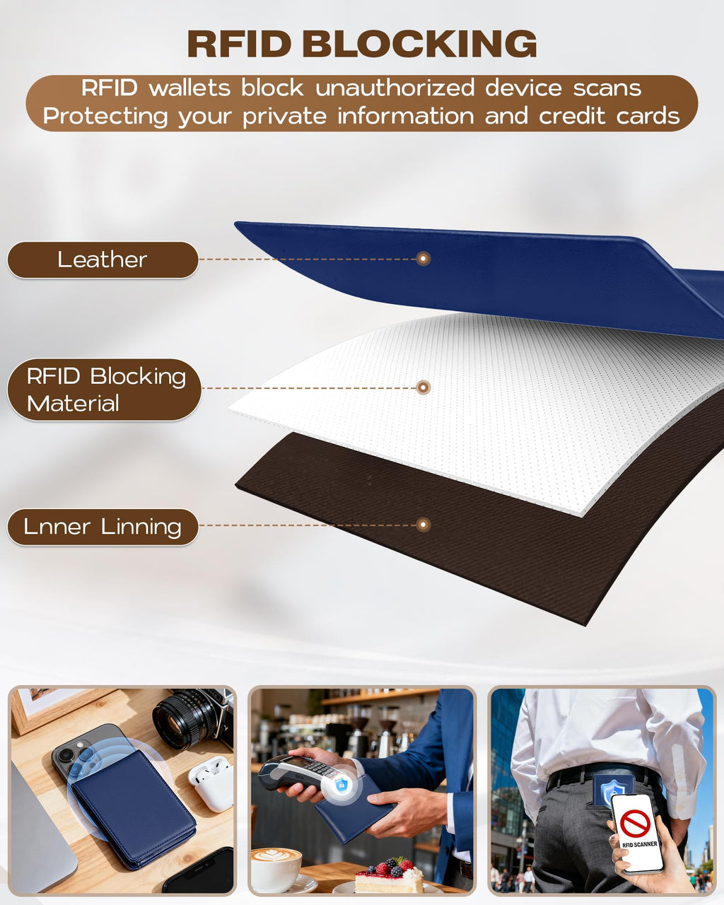 Billetera GNDR para hombre, doble pliegue, negra, con bloqueo RFID, delgada, de piel sintética, tarjetero, bolsillo frontal, accesorios minimalistas para hombre con caja de regalo
