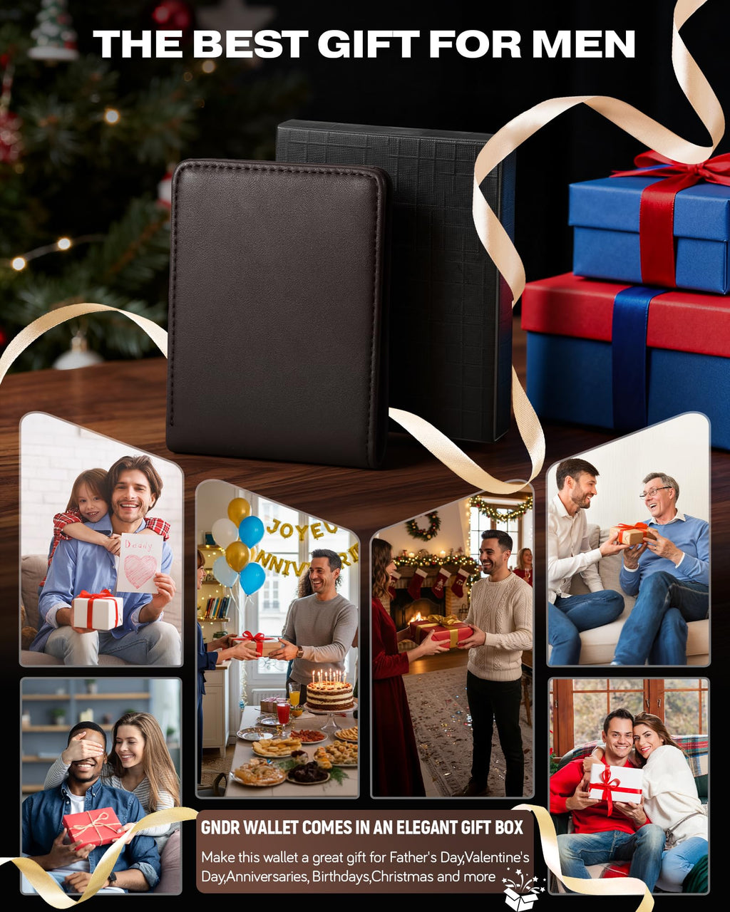 Billetera GNDR para hombre, doble pliegue, negra, con bloqueo RFID, delgada, de piel sintética, tarjetero, bolsillo frontal, accesorios minimalistas para hombre con caja de regalo