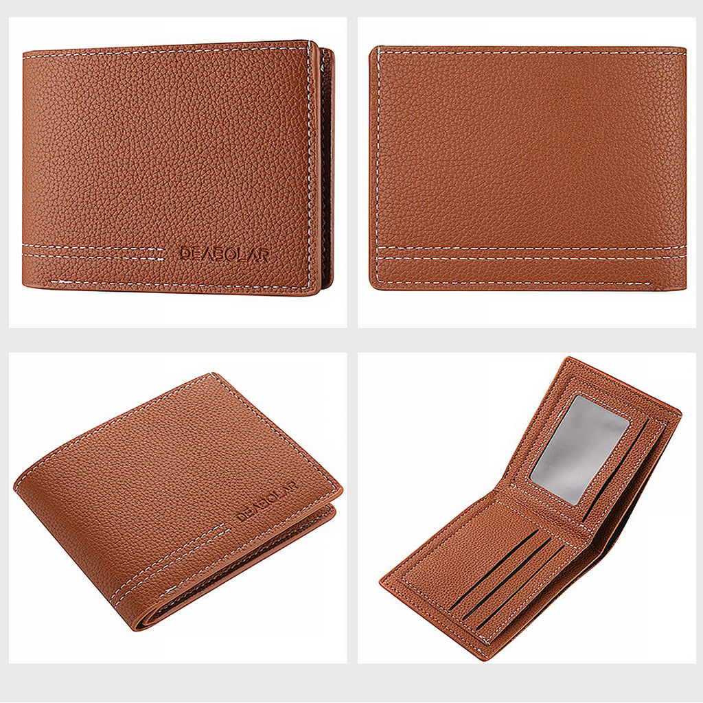 Men Wallet Black PU Material 4 Card Holder 2 Money Pockets 1 Clear Window Suitable for Gifts without RFID Slim Small for Traveling