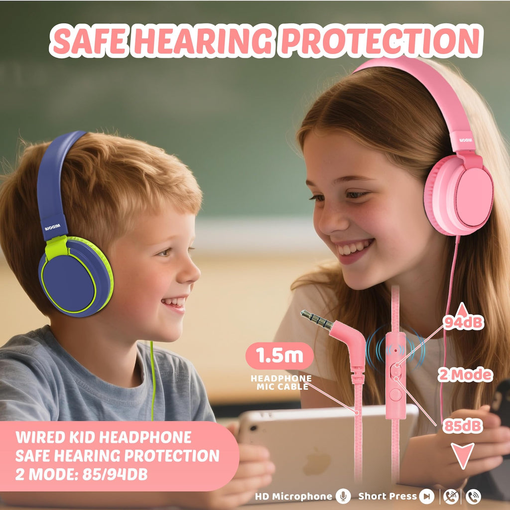 Auriculares para niños con volumen limitado a 85/94 dB - Auriculares con cable plegables para colocar sobre la oreja con micrófono, color rosa