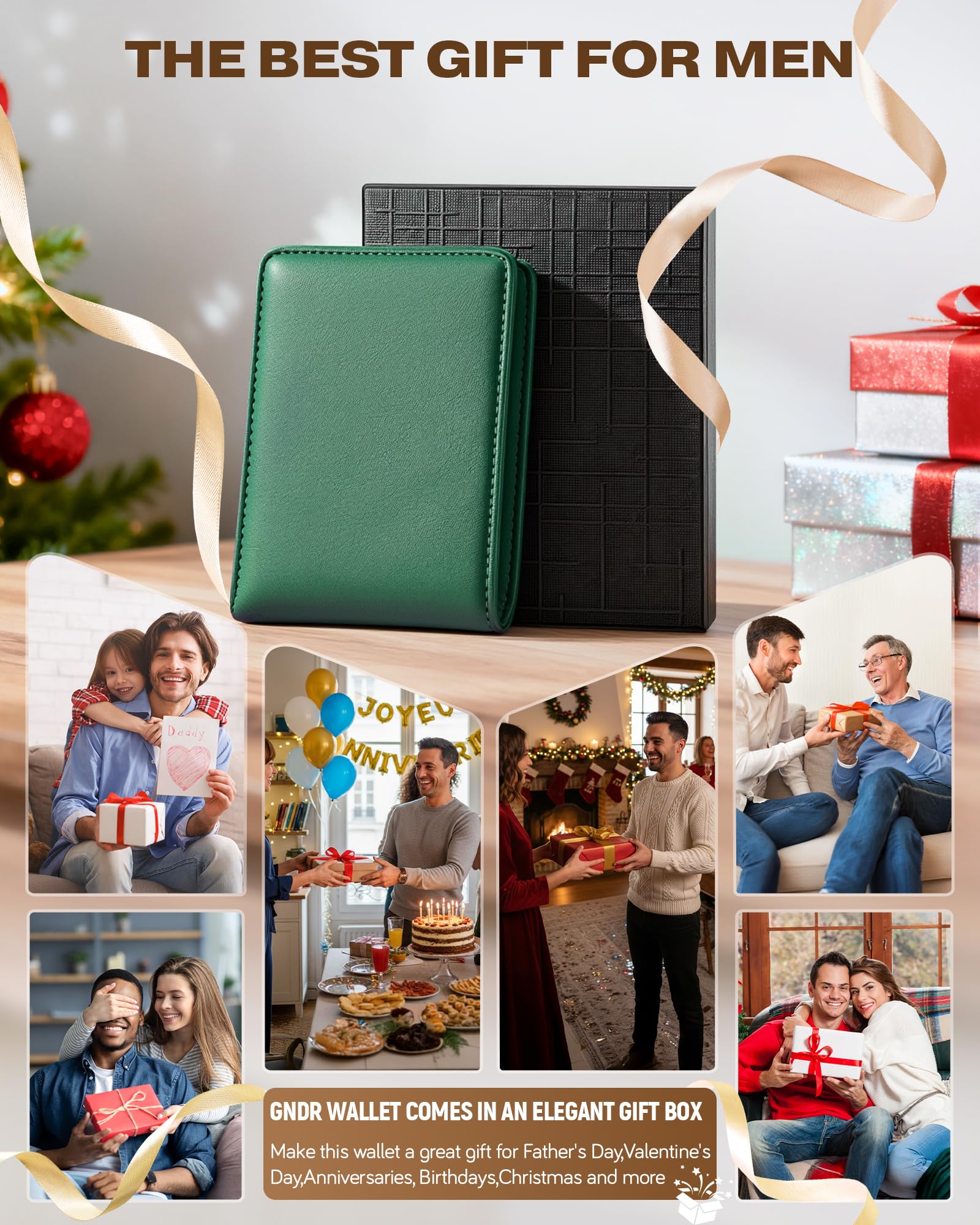Billetera GNDR para hombre, doble pliegue, negra, con bloqueo RFID, delgada, de piel sintética, tarjetero, bolsillo frontal, accesorios minimalistas para hombre con caja de regalo
