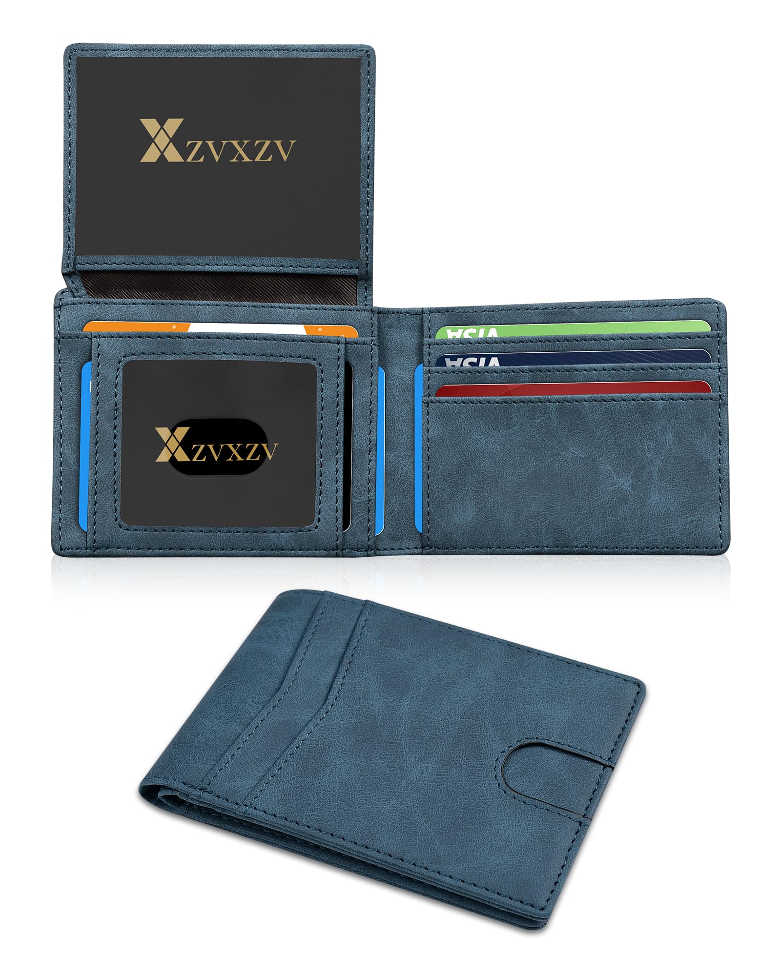 Men's Ultra Thin Wallet Leather RFID Blocking Bifold Stylish Wallet with Slim Minimalist Front Pocket 2 ID Windows (Carbon Black&Black)