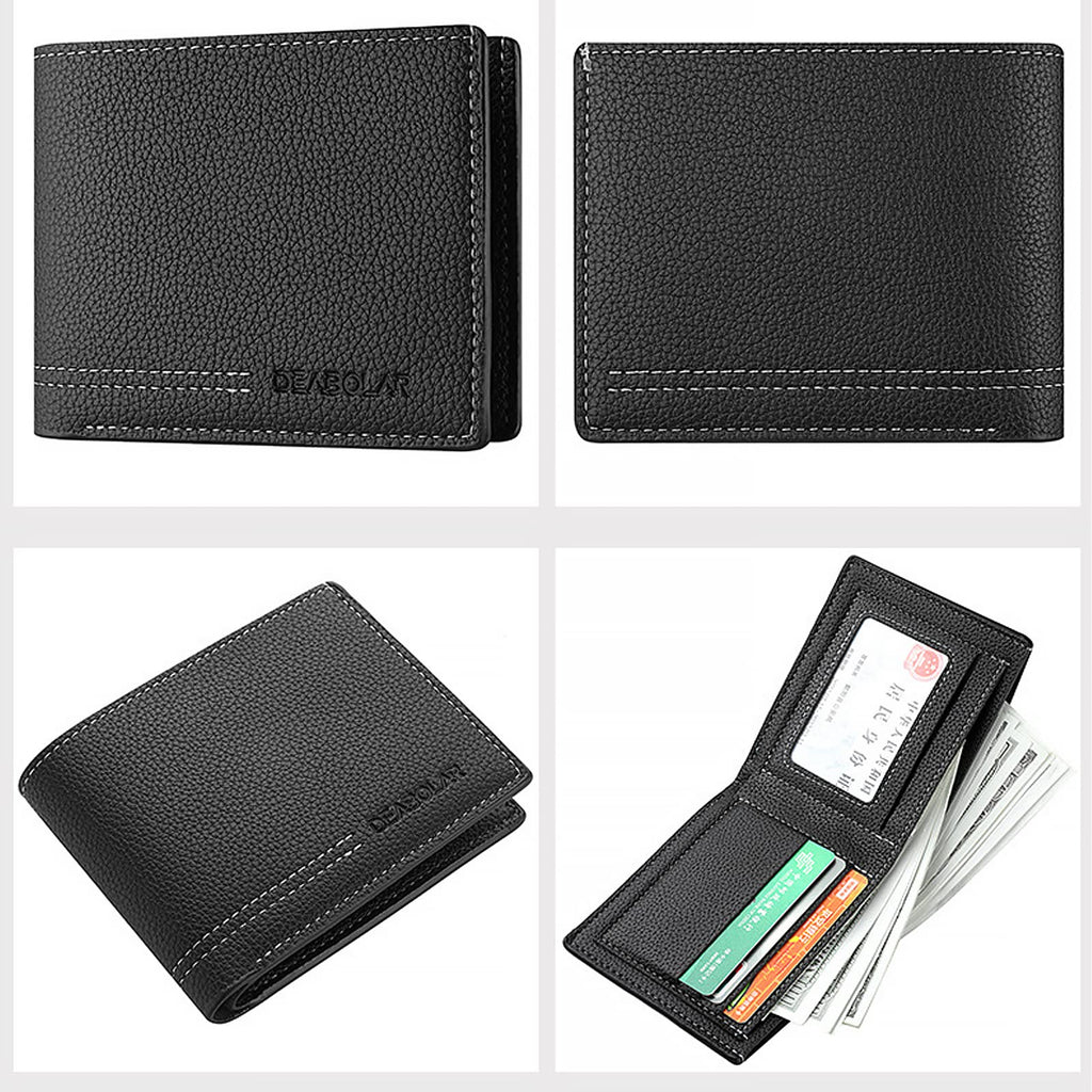 Men Wallet Black PU Material 4 Card Holder 2 Money Pockets 1 Clear Window Suitable for Gifts without RFID Slim Small for Traveling