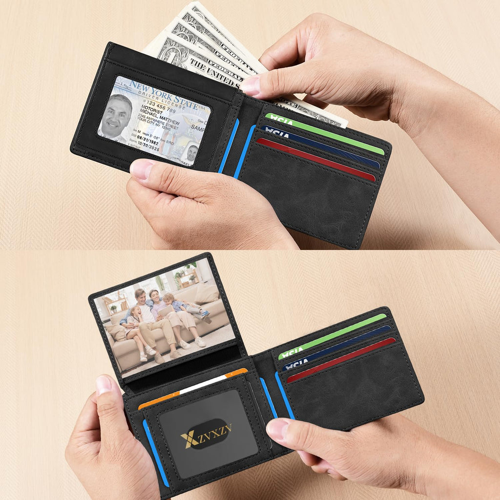 Cartera Ultrafina para Hombre, Billetera de Cuero con Bloqueo RFID, Bifold Elegante con Bolsillo Frontal Delgado Minimalista y 2 Ventanas para Identificación (Negro Carbón y Negro)