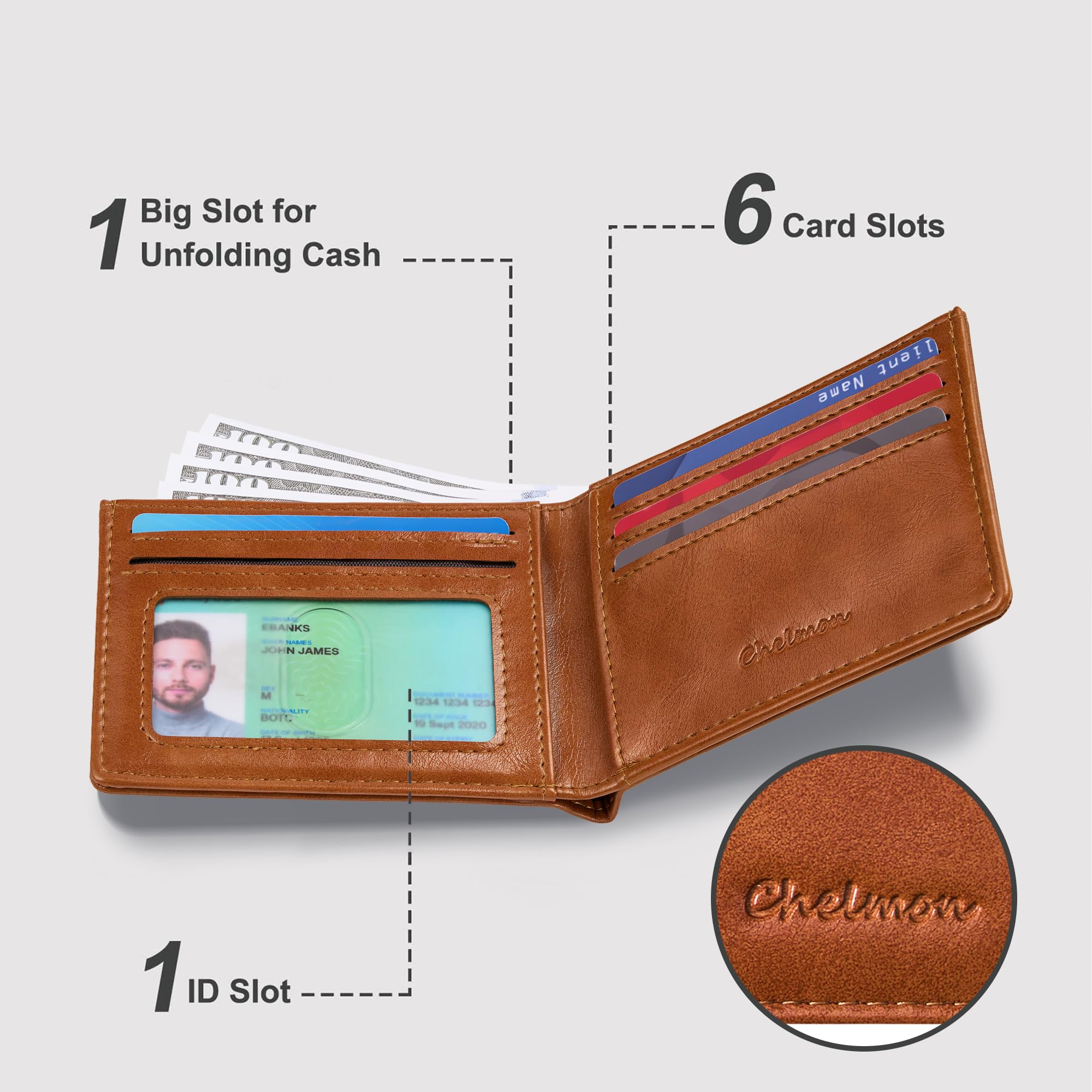 Cartera delgada Chelmon para hombre con ventana de identificación y bloqueo RFID, tarjetero minimalista plegable de bolsillo frontal para tarjetas de visita, regalo para hombres