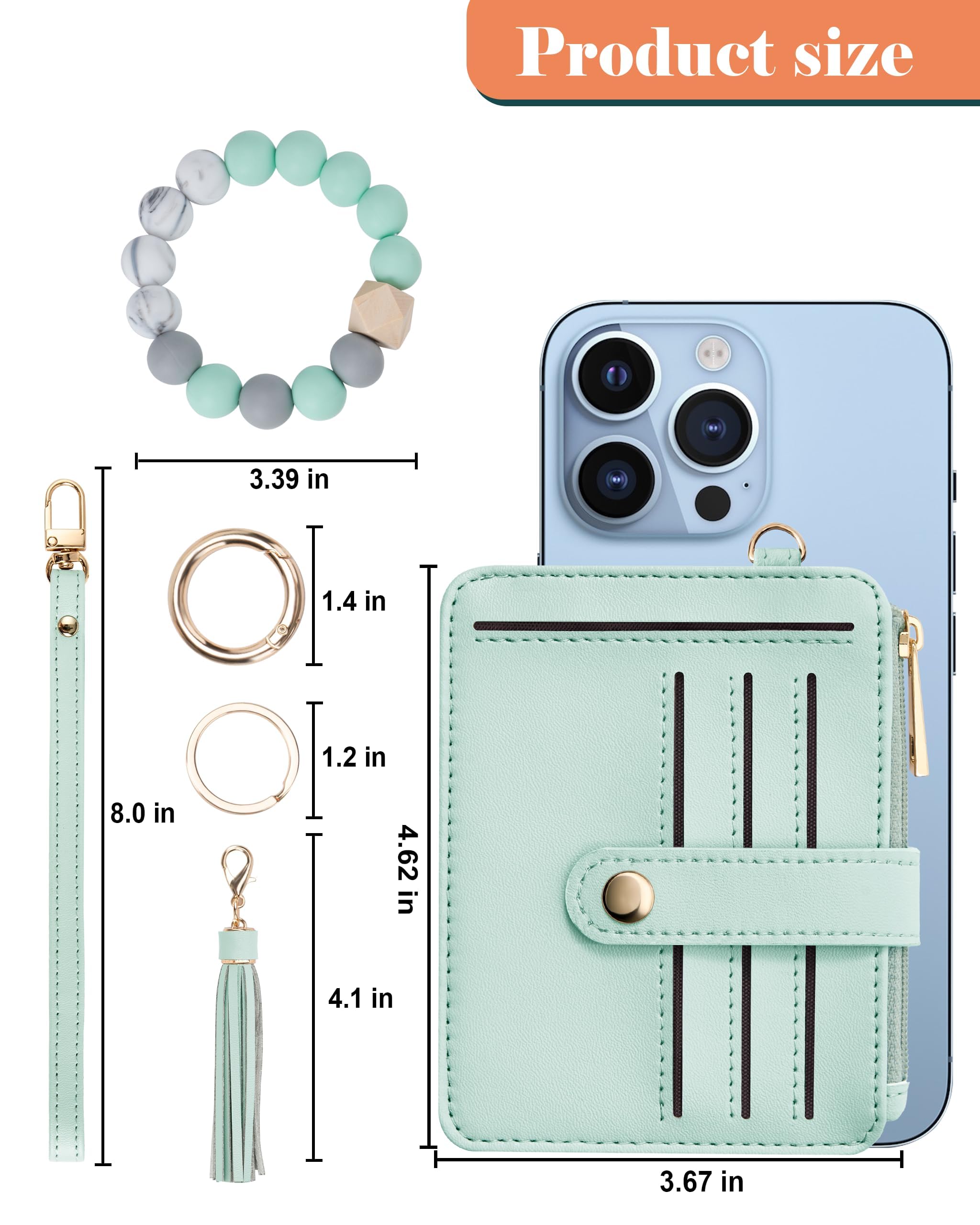 Credit Card Holder for Women, Small Keychain Wristlet Wallets | RFID Blocking Card Wallet with Silicone Beaded, Tassel, ID Window, Keyring and Zipper Coin Pocket