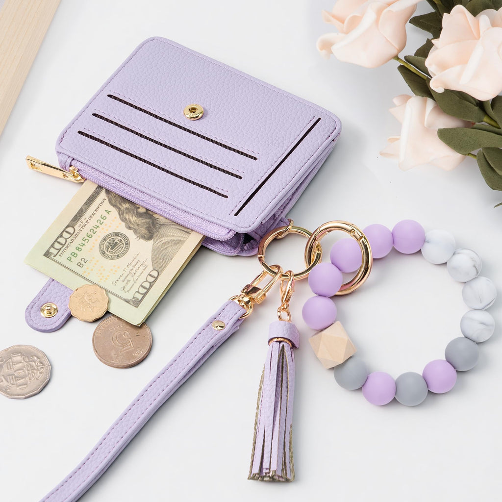 Credit Card Holder for Women, Small Keychain Wristlet Wallets | RFID Blocking Card Wallet with Silicone Beaded, Tassel, ID Window, Keyring and Zipper Coin Pocket