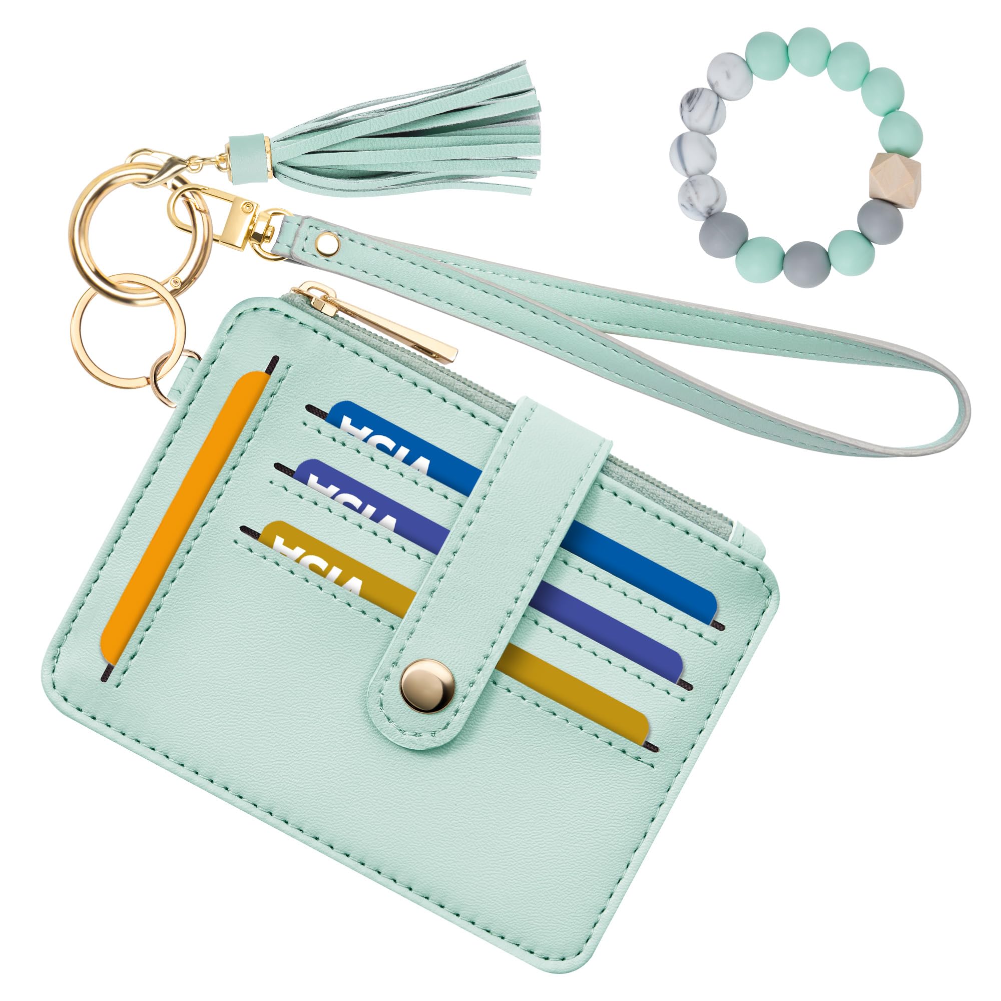 Credit Card Holder for Women, Small Keychain Wristlet Wallets | RFID Blocking Card Wallet with Silicone Beaded, Tassel, ID Window, Keyring and Zipper Coin Pocket
