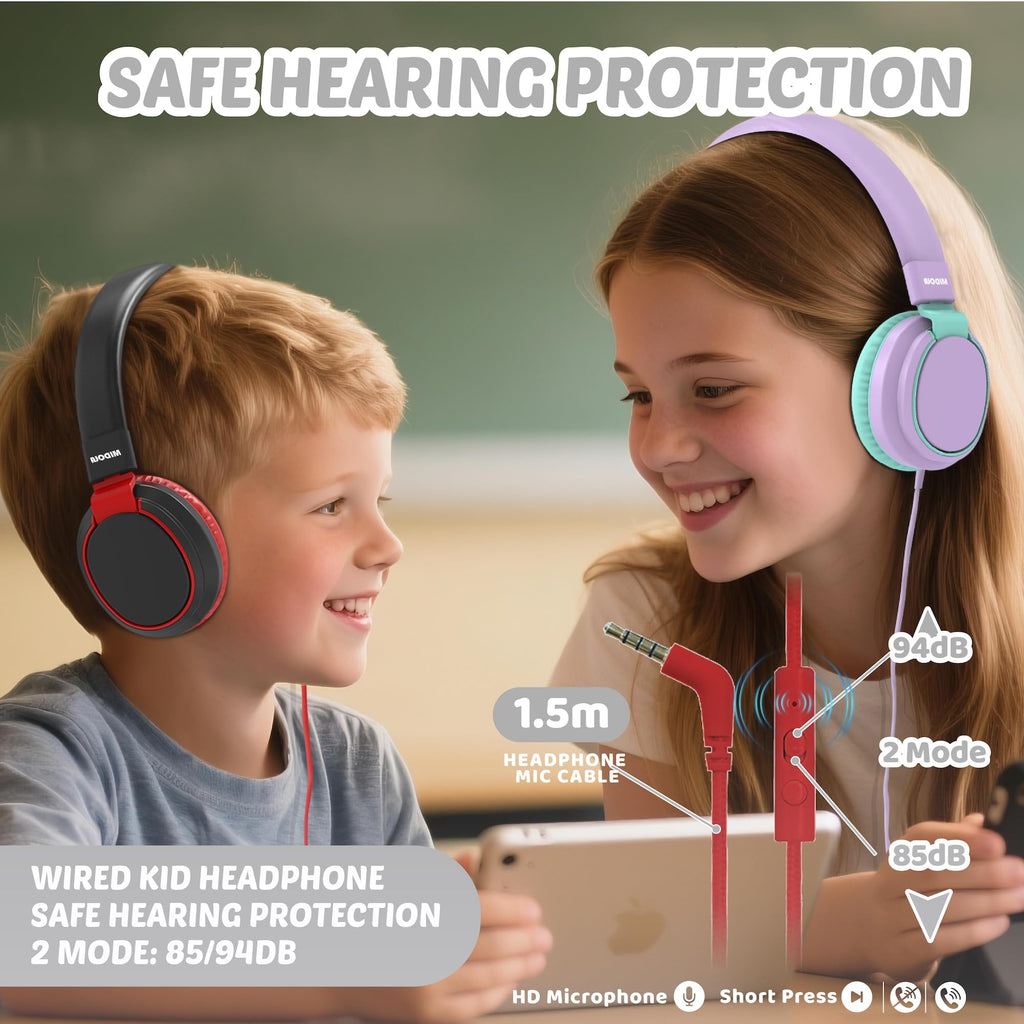 Auriculares para niños con volumen limitado a 85/94 dB - Auriculares con cable plegables para colocar sobre la oreja con micrófono, color rosa