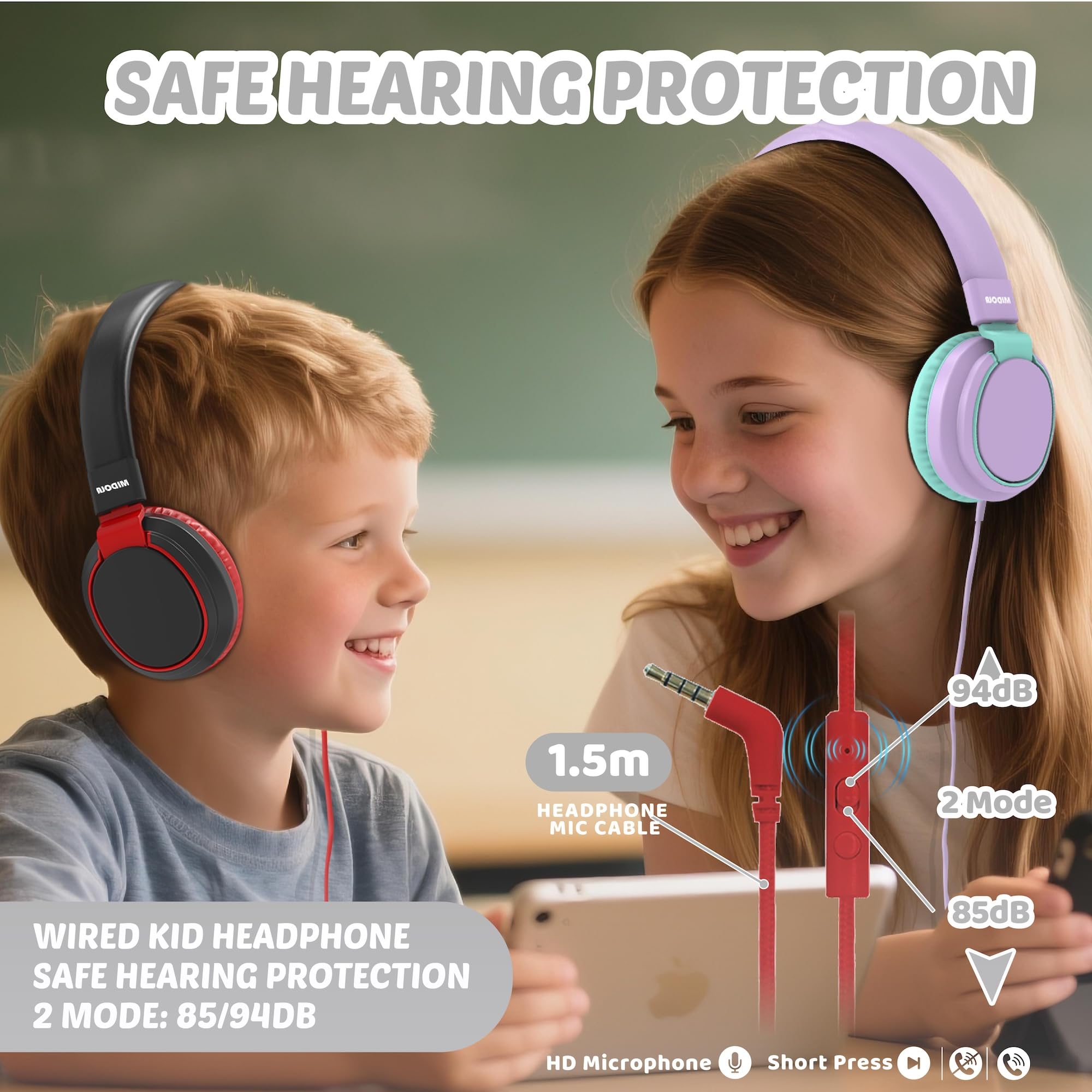 Auriculares para niños con volumen limitado a 85/94 dB - Auriculares con cable plegables para colocar sobre la oreja con micrófono, color rosa
