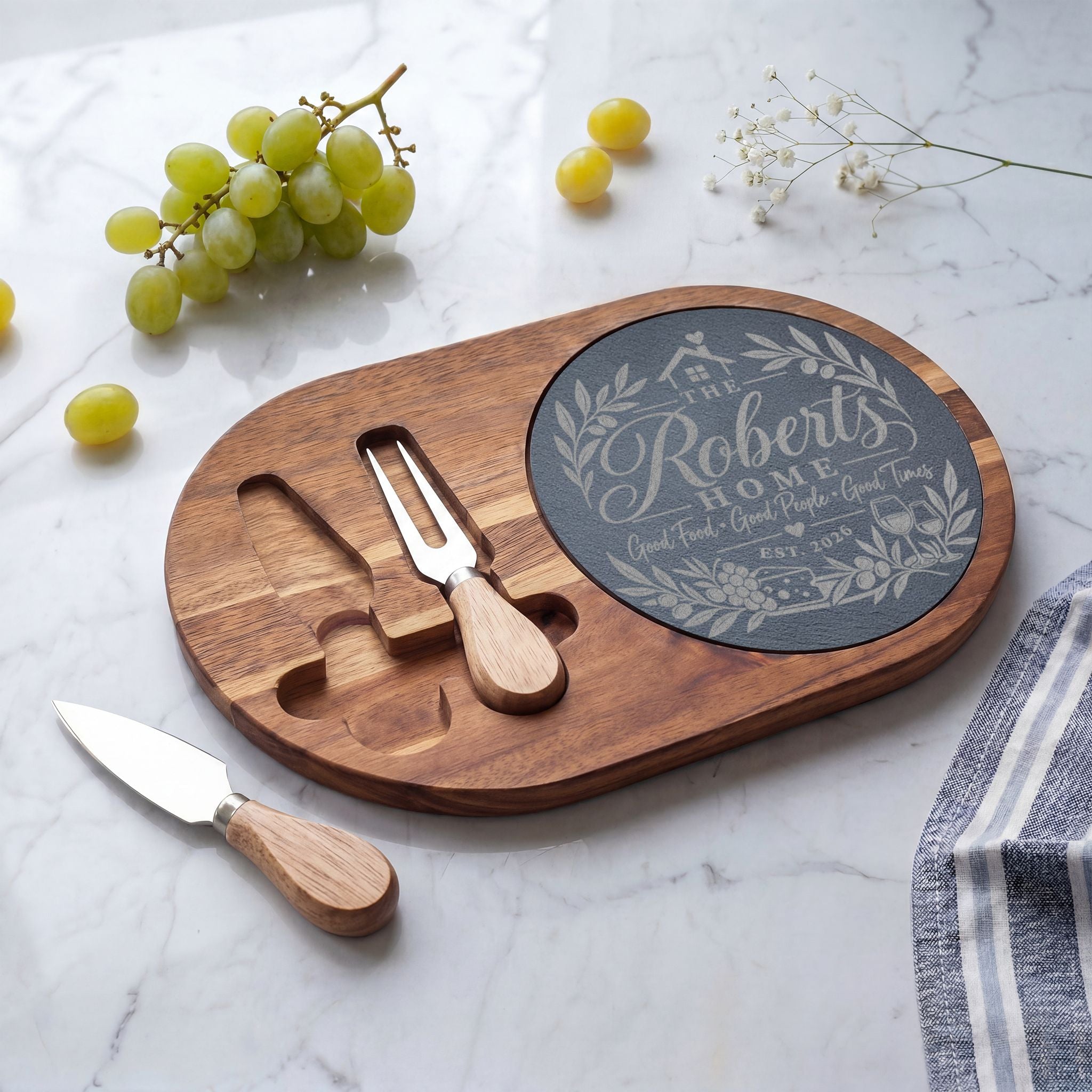 Personalized Engraved Charcuterie Board — Custom Family Name Cheese Serving Set