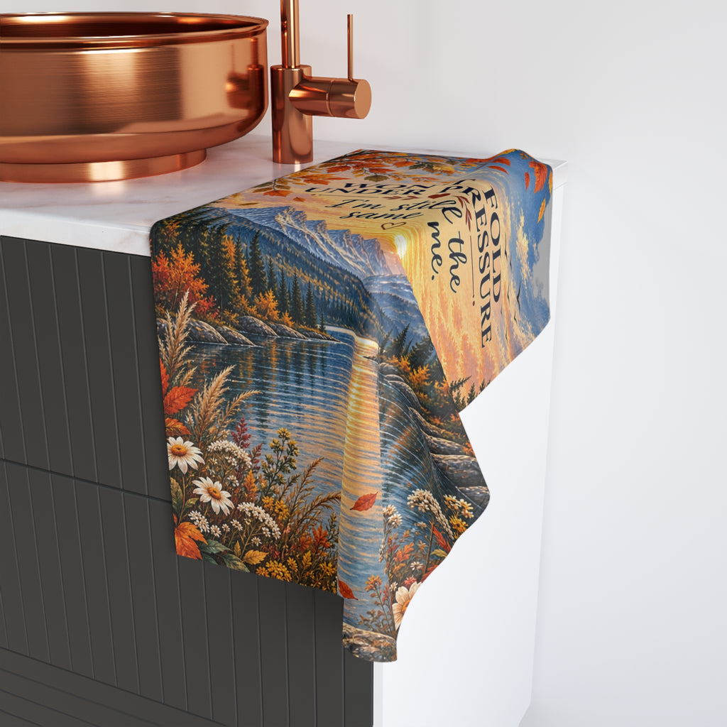 Inspirational Fall Lake Hand Towel — "Won't Fold Under Pressure, I'm Still the Same Me"