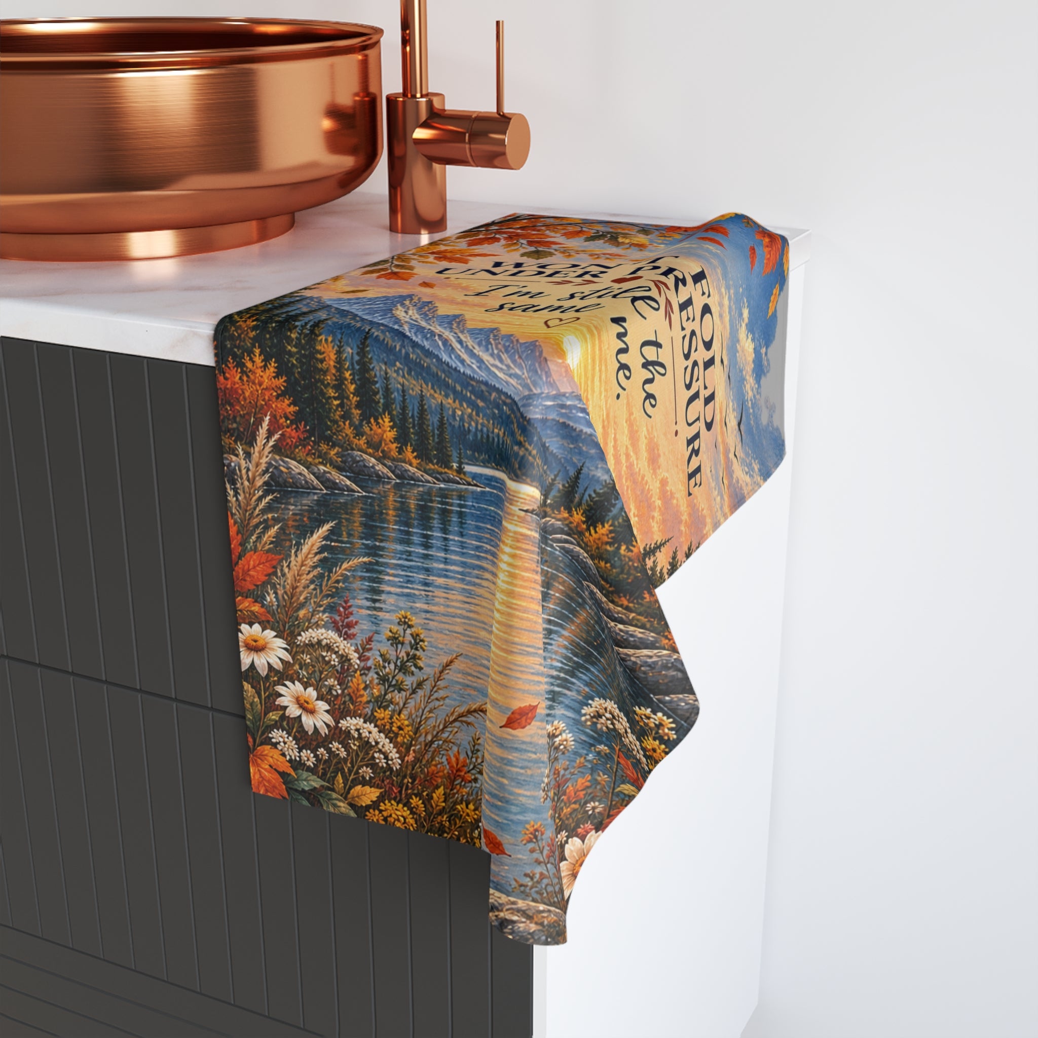 Inspirational Fall Lake Hand Towel — "Won't Fold Under Pressure, I'm Still the Same Me"