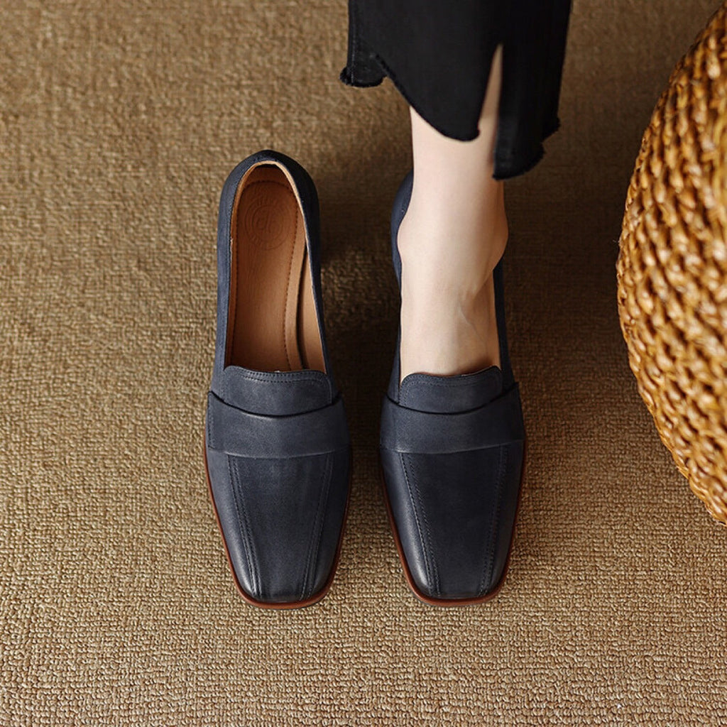 Women's Sheepskin Square Toe Chunky Heel Pumps – Retro High Heel Dress Shoes