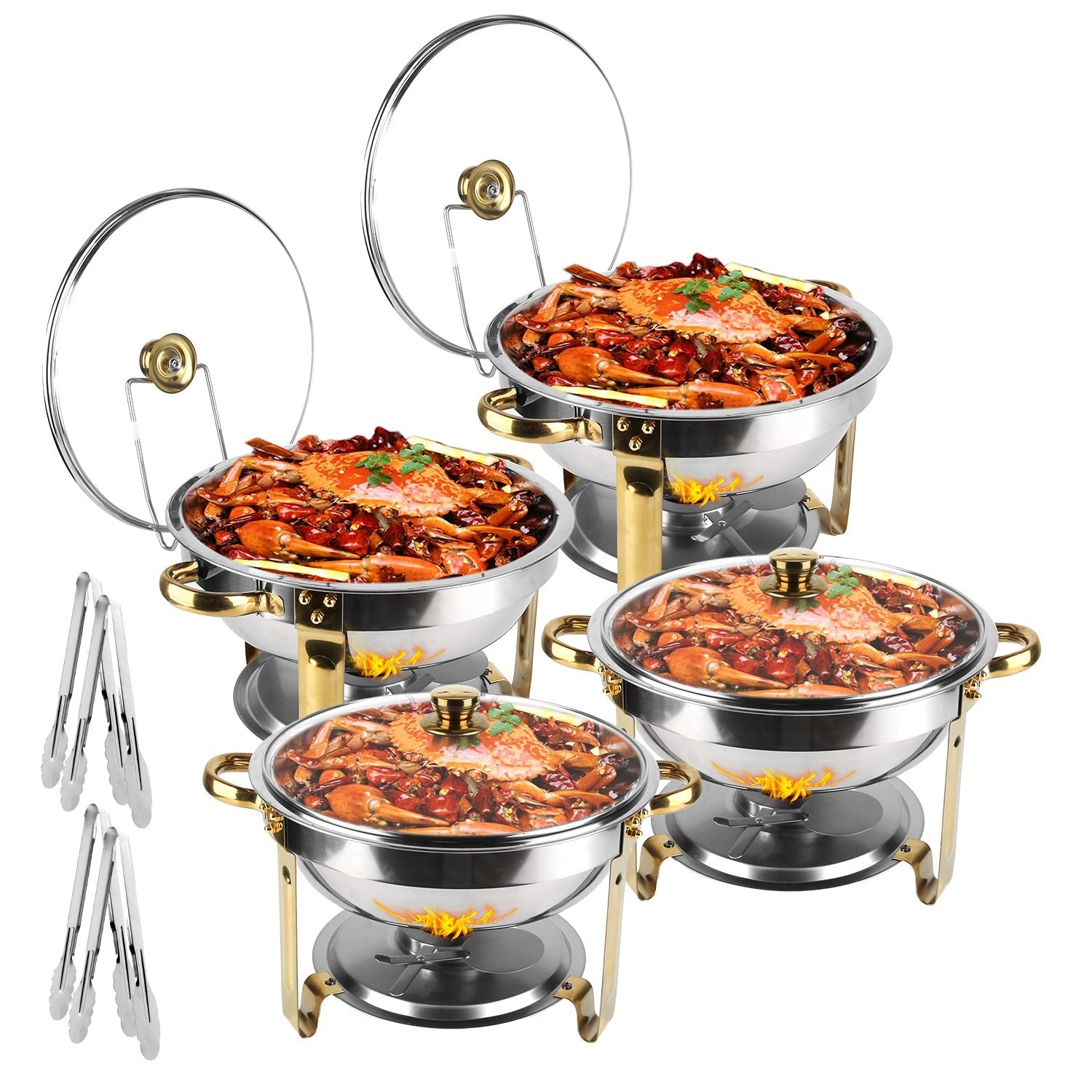 4Pcs Chafing Dish Buffet Set 4.76QT Round Buffet Servers Food Warmer Stainless Steel Catering Chafer with Glass Lid for Warming Cooling Gatherings Ban