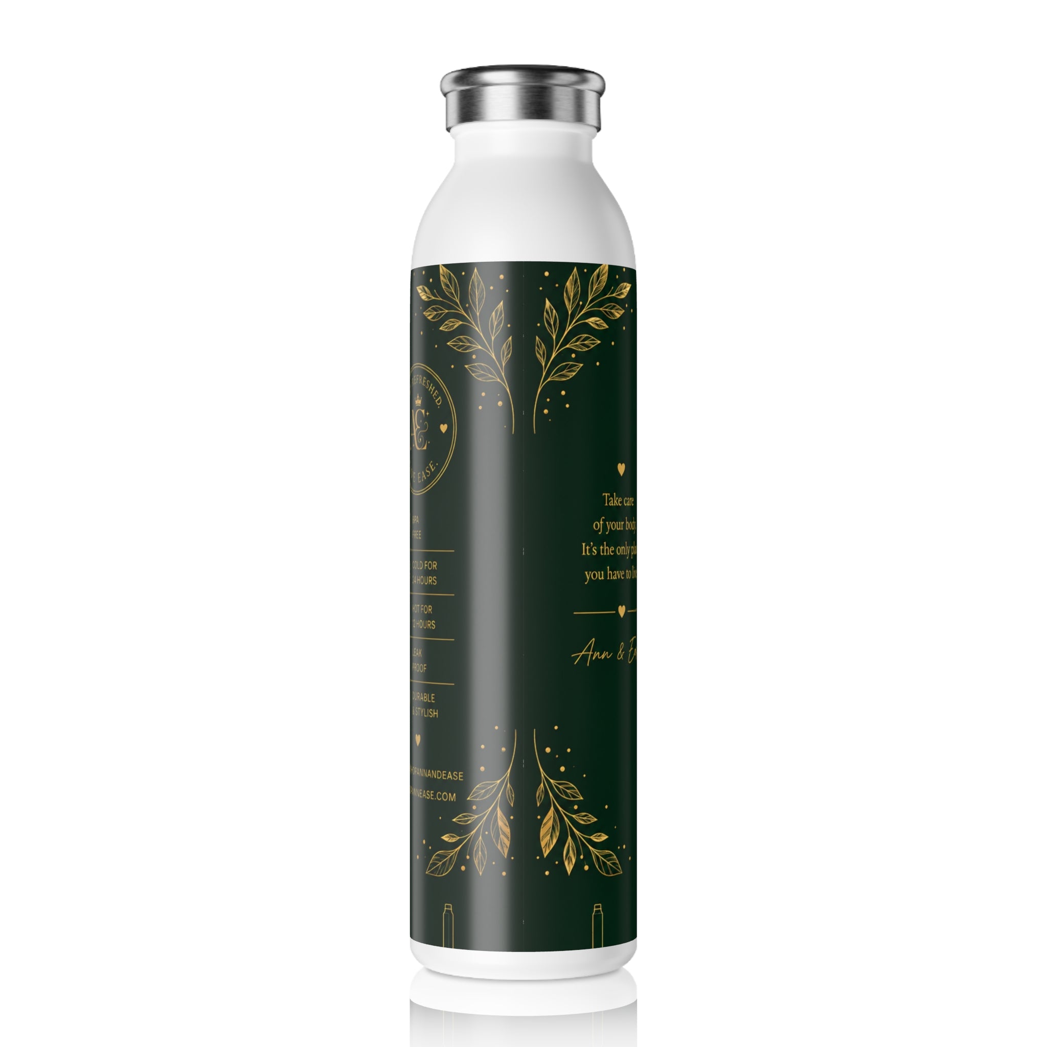 Botella de agua delgada con monograma — Botella personalizada elegante verde y dorada