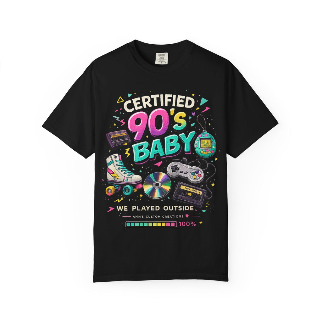 90's Baby T-Shirt — Retro 90s Nostalgia Tee with Cassette, Gamepad & Rollerblade Graphics