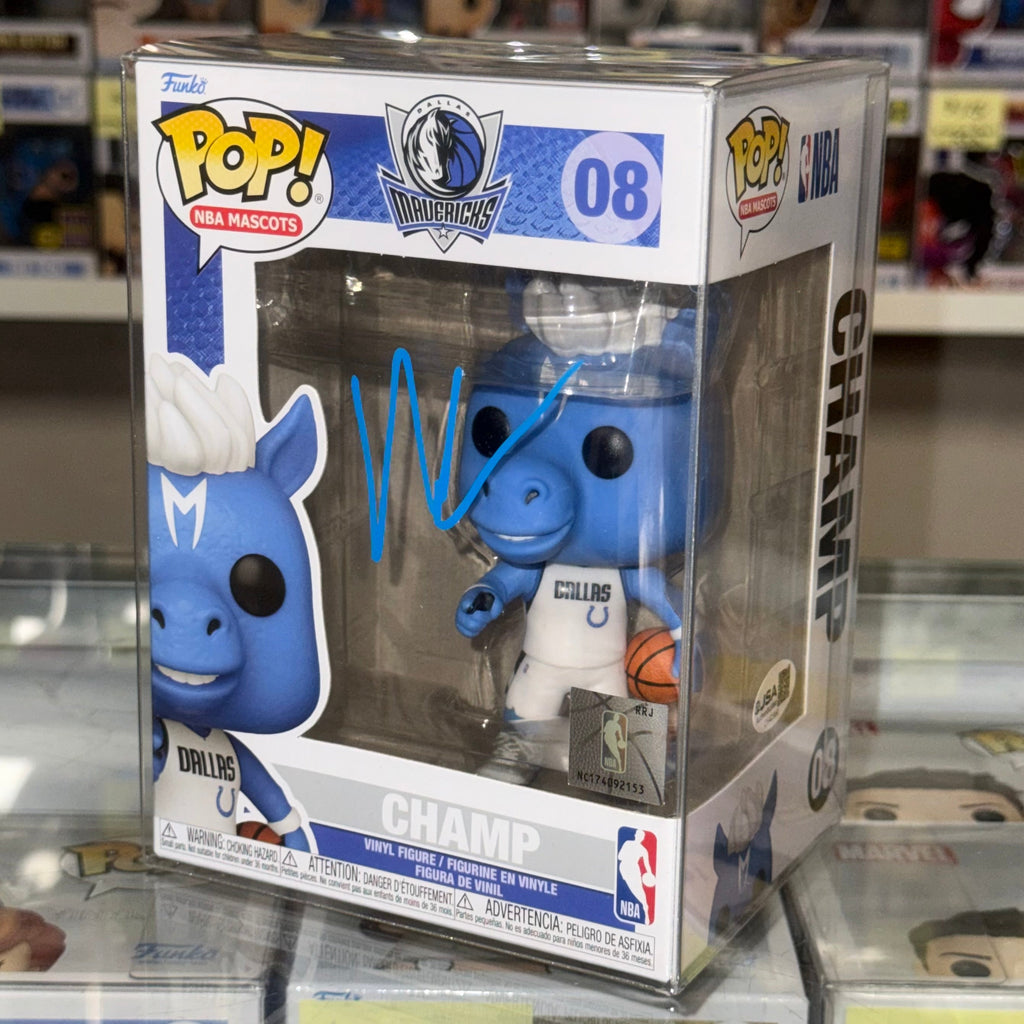 ¡Mark Cuban firmó el Funko Pop! #08 de la mascota Champ de los Dallas Mavericks de la NBA, con COA de JSA!