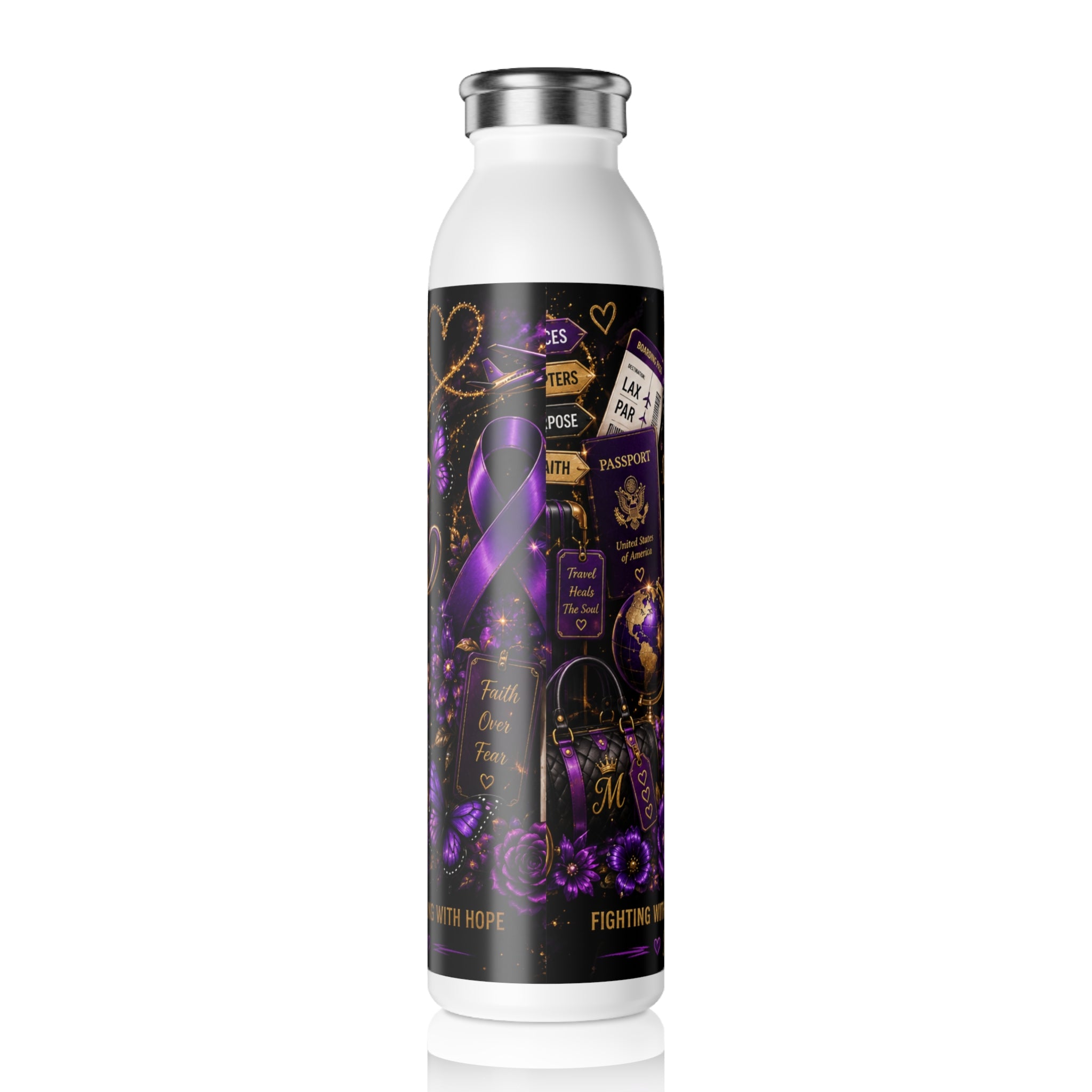 Slim Water Bottle — Mimi Inspirational Crown Design, Purple Butterfly Motivational Bottle